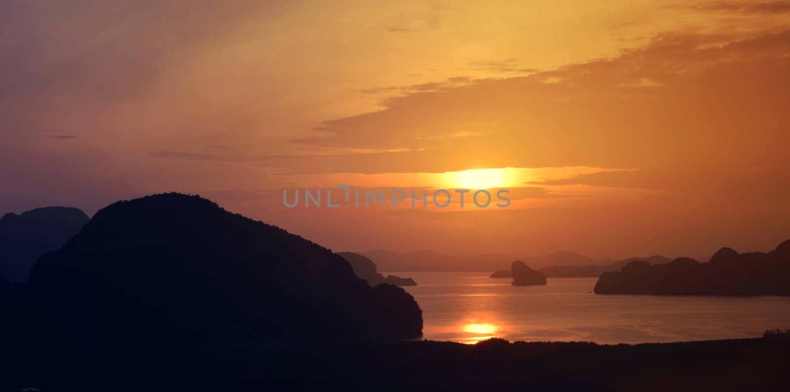 Panoramic of the Phang Nga bay Andaman sea at sunset, Thailand