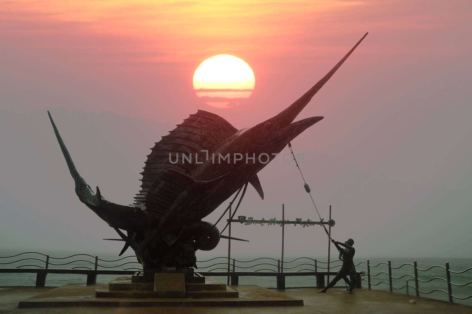 KRABI, THAILAND - JUNE 17 2018 : Statue of Marlin Fish landmarks at Ao Nang Beach, Krabi Province, Thailand