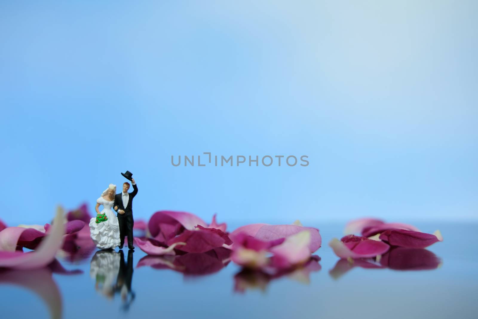 Miniature photography outdoor marriage wedding concept, bride and groom walking on red rose flower pile by Macrostud