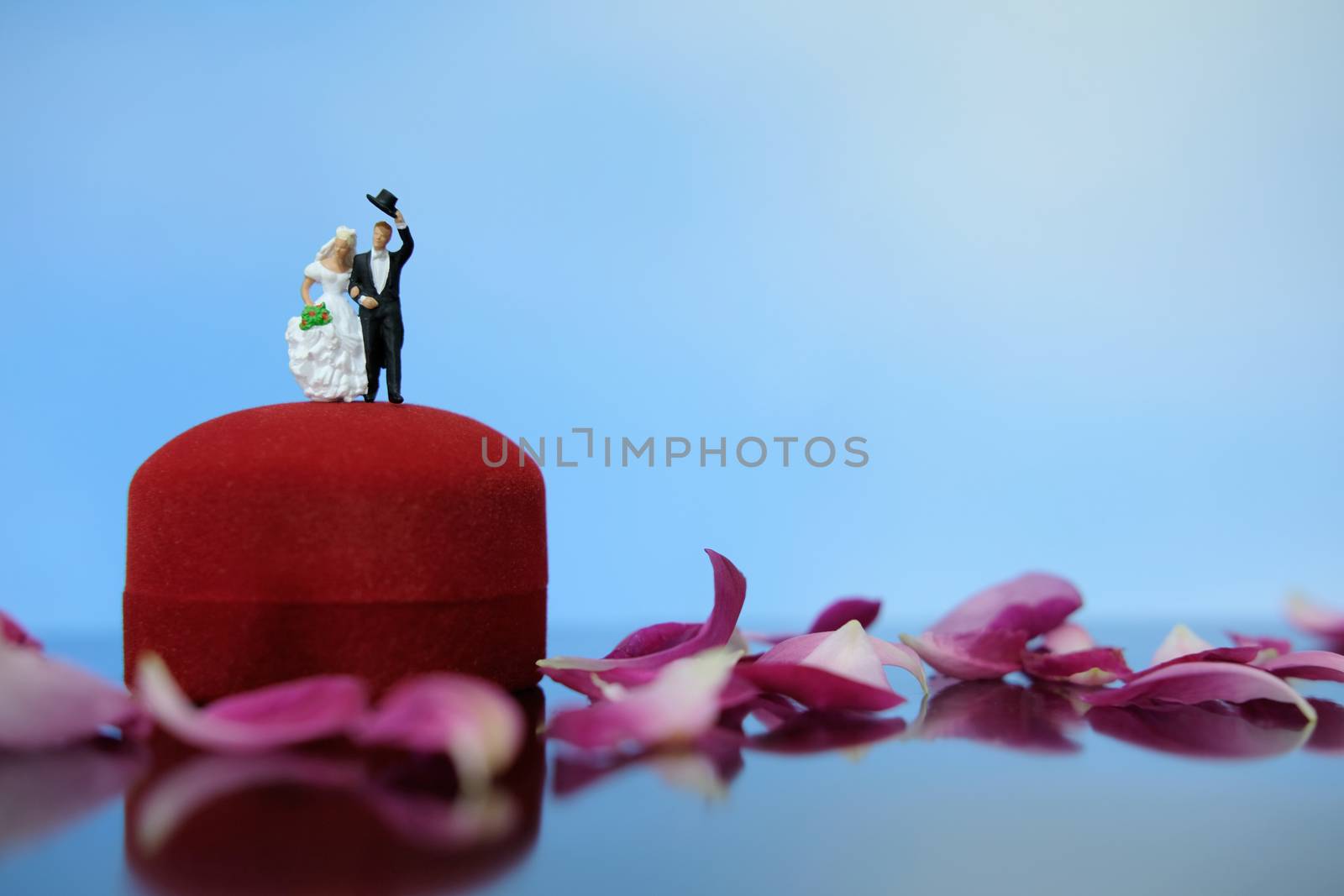 Miniature photography outdoor marriage wedding concept, bride and groom standing above ring box on red rose flower pile by Macrostud