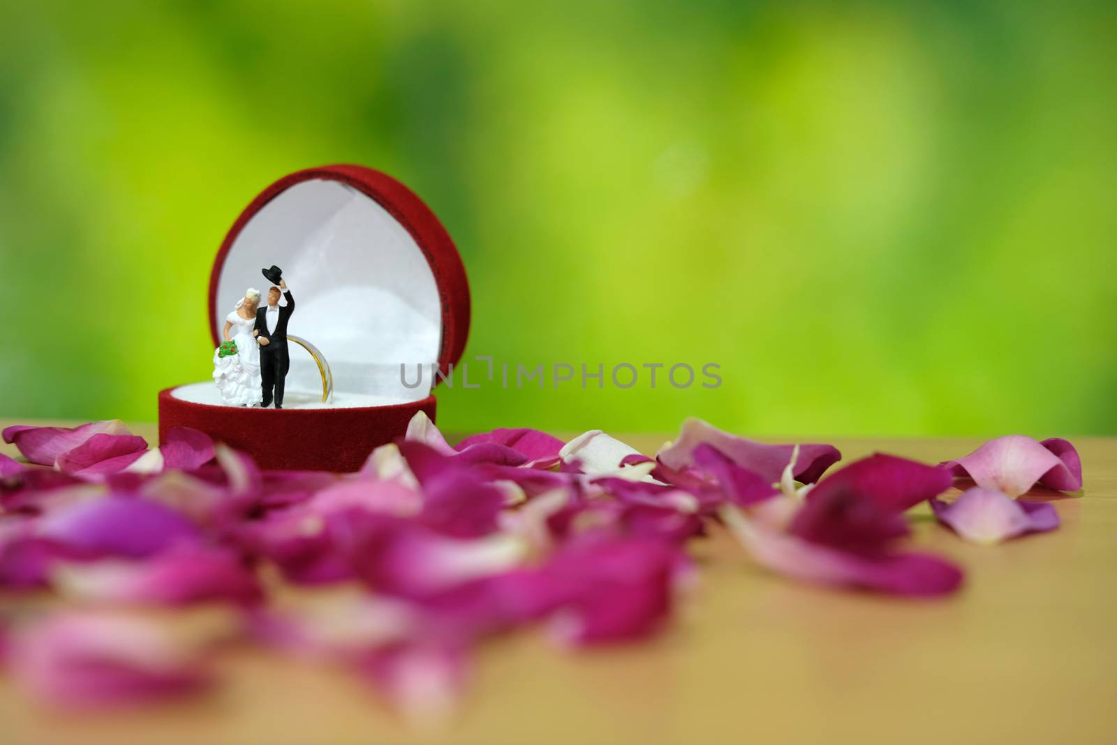 Miniature photography - outdoor garden wedding ceremony concept, bride and groom stand above ring box in the middle of red rose flower pile by Macrostud