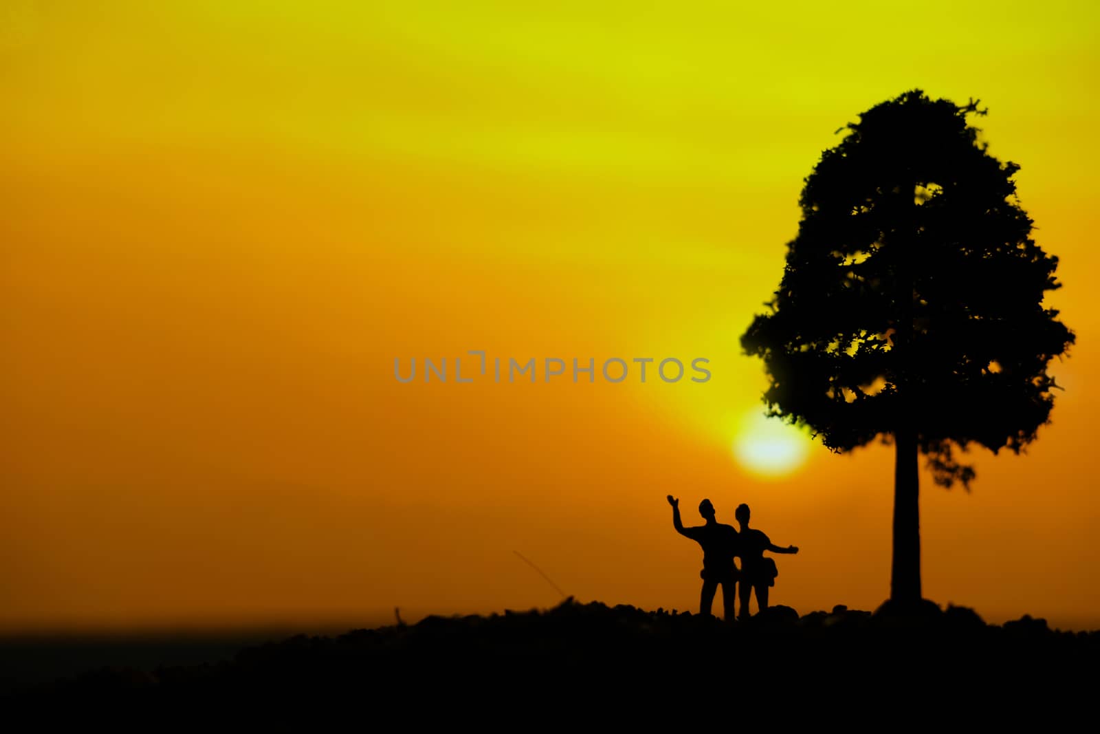 miniature people / toy photography - conceptual valentine holiday illustration. Happy couple holding each other enjoying sunset view bellow a big tree by Macrostud