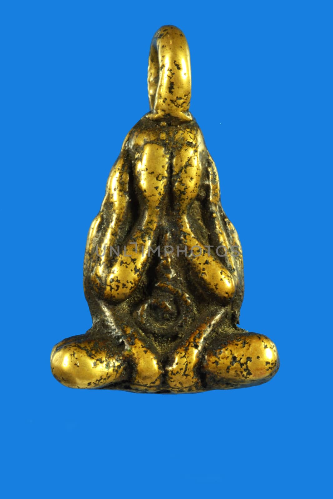 See No Evil Buddha Gold Thai Amulet on blue background, Consecrate By luang phor yui wat bang kapi