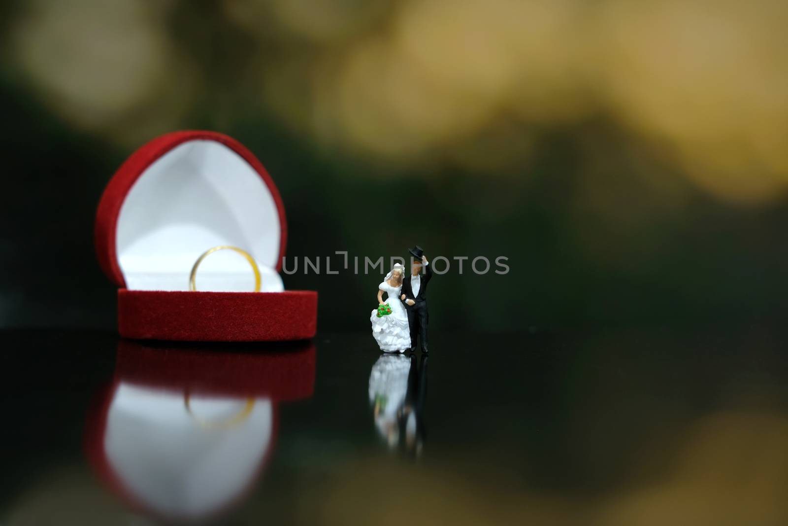 Miniature wedding concept - bride and groom greeting with red heart ring box. image photo by Macrostud