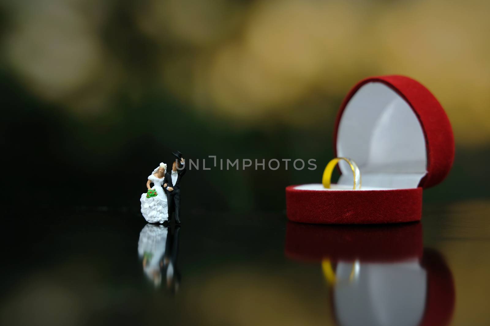 Miniature wedding concept - bride and groom greeting with red heart ring box by Macrostud