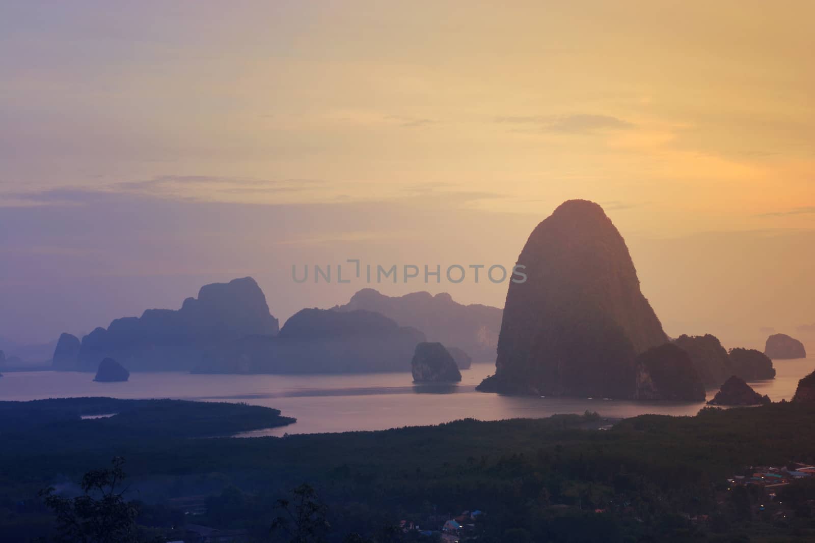 Toh Li viewpoint at sunset, Phang nga, Thailand Located on Tha tian district ,Phang nga province in south of Thailand. 180 degree panorama view of Toh Li viewpoint we can see Ban Hin Lom ,the way out to Phang nga bay.