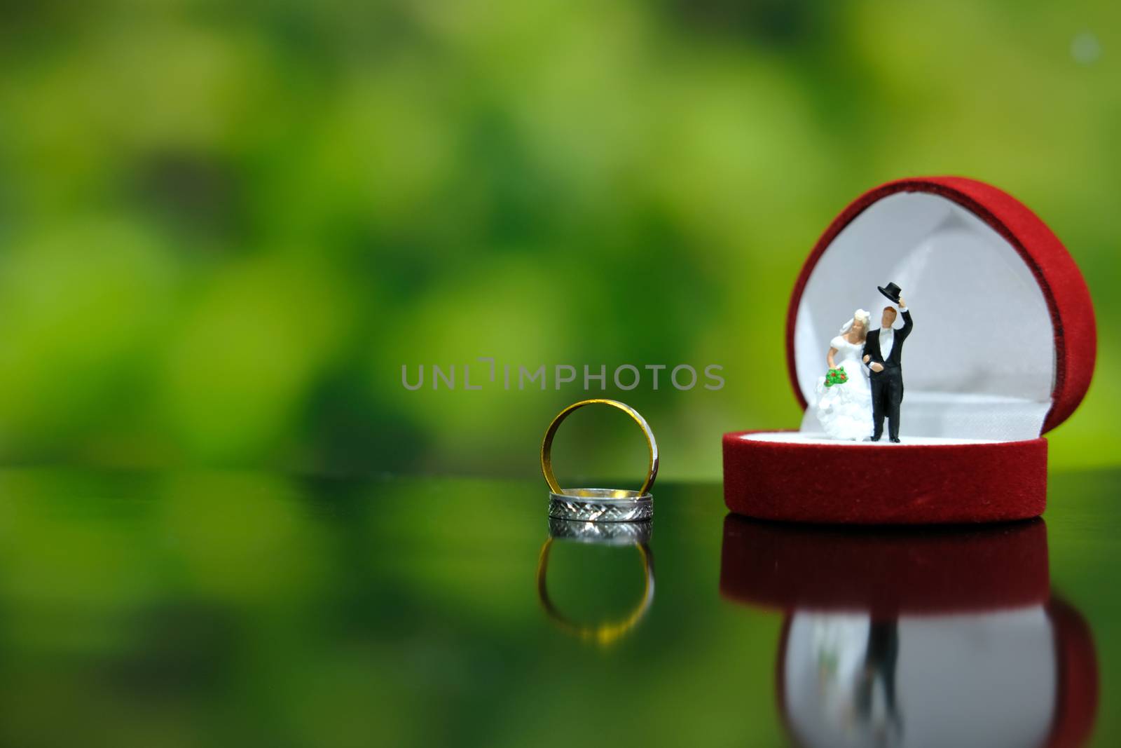 Miniature wedding concept. Bride and groom make greeting from above opened heart ring box. image photo by Macrostud