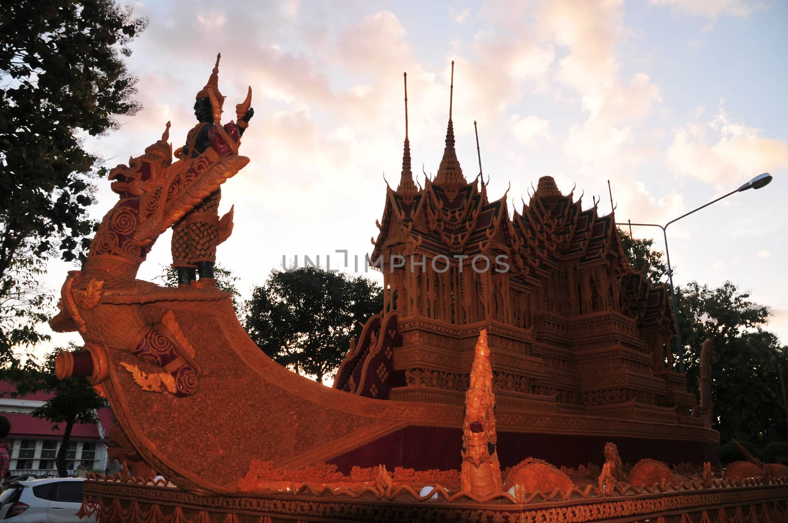 Sakon nakhon ,Thailand – October 23,2018 : Wax Castle Festival is held annually at the end of the Buddhist Lent. The event are objective to pay homage to Phra That Choeng Chum