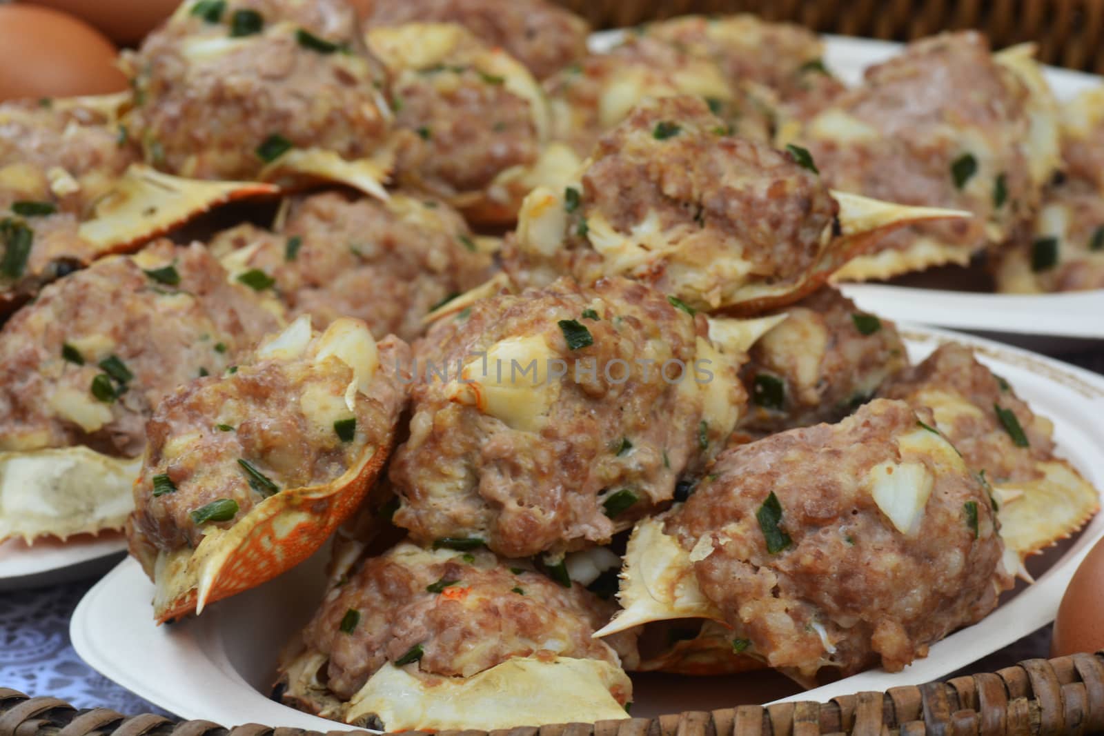 Deep Fried Crab Meat and Minced Pork in Crab Shell (Pu Ja) Thai Food