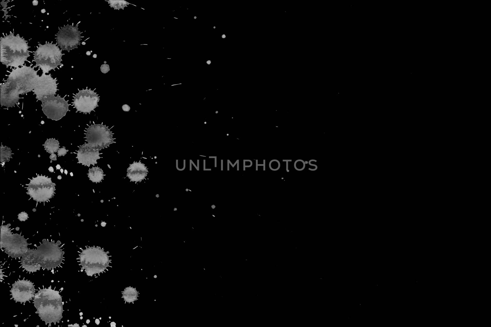 Abstract watercolor texture with splashes and spatters. White paint drop stain isolated on black background. Grunge design element for poster, flyer, name card. Clipping path.