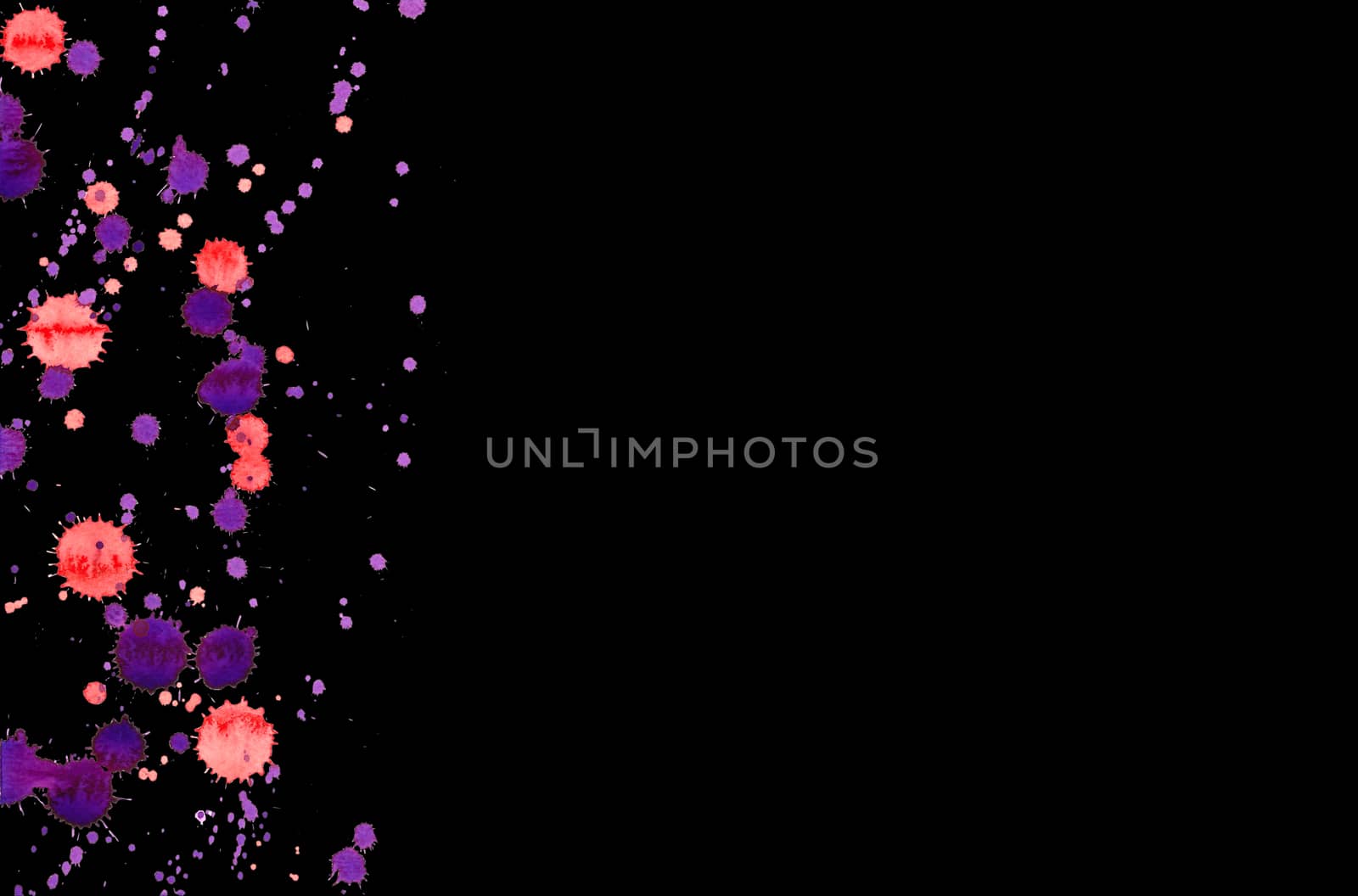 Colorful abstract watercolor texture with splashes and spatters. Red and purple paint drop stain isolated on black background. Grunge design element for poster, flyer, name card. Clipping path. by Ungamrung