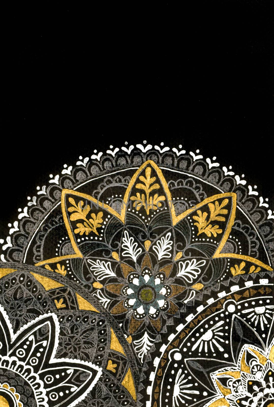 Luxury three flower mandala on black background, Hand drawn illustration. by Ungamrung