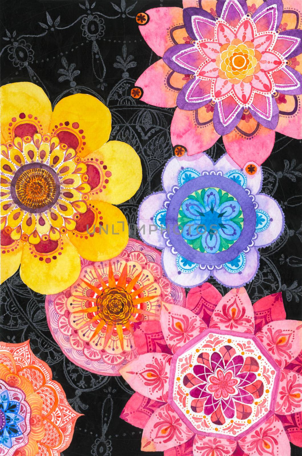 colorful mandala texture background, watercolor hand painting, colored pencil technique on black background
