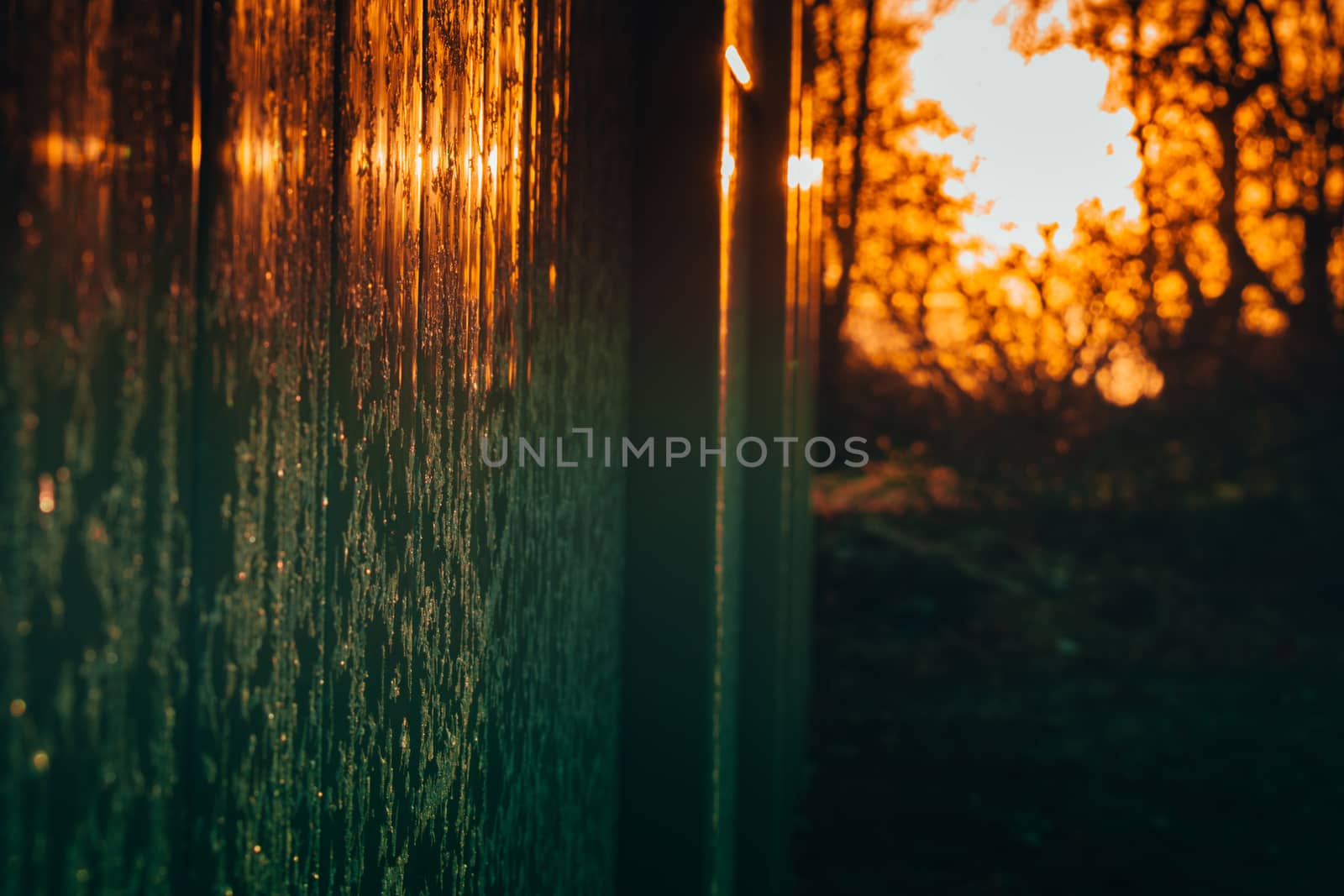 The Sunrise Casting a Reflection Off of a Frost Covered Fence by bju12290