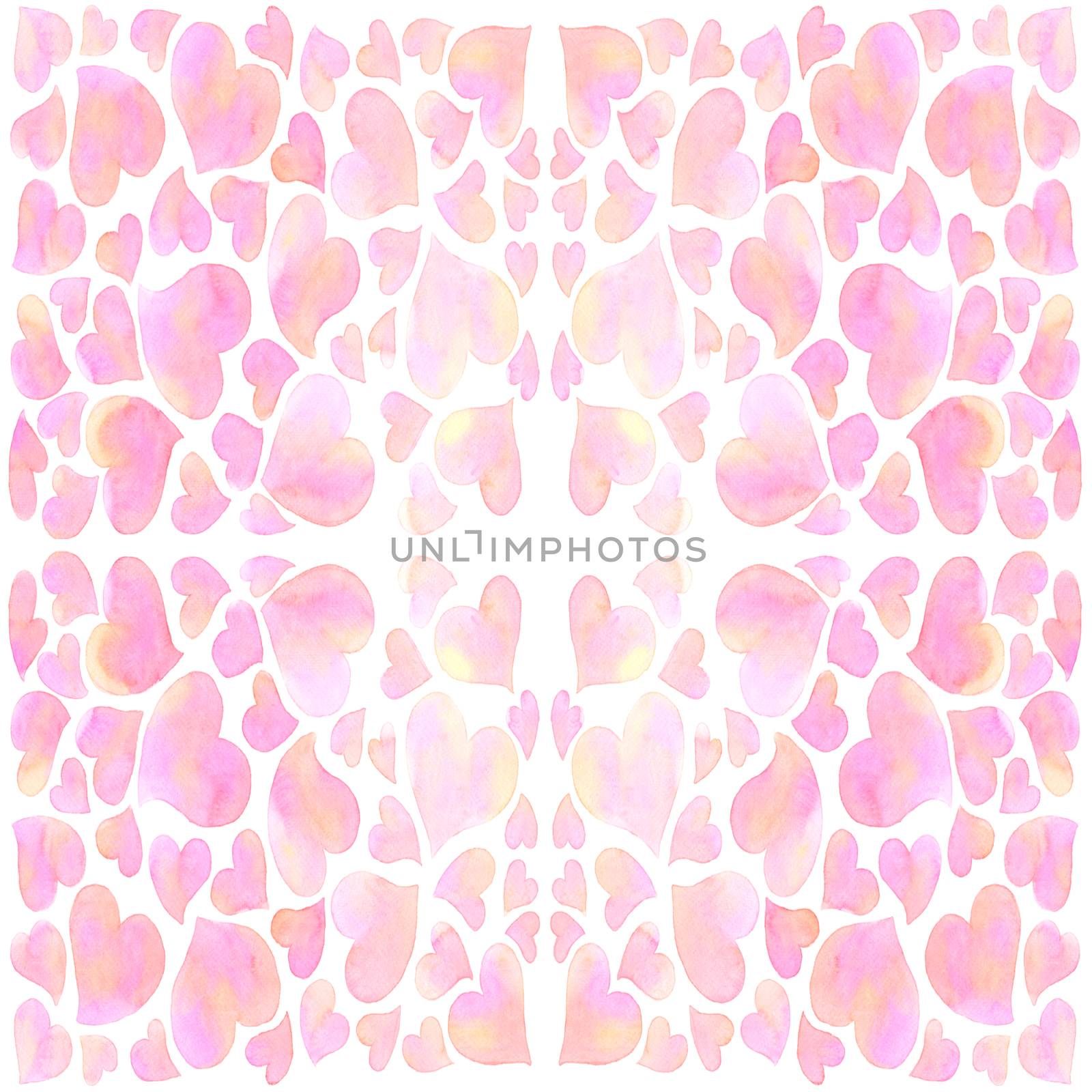 Romantic sweet charming pink hearts pattern background. Watercolor hand painting illustration.