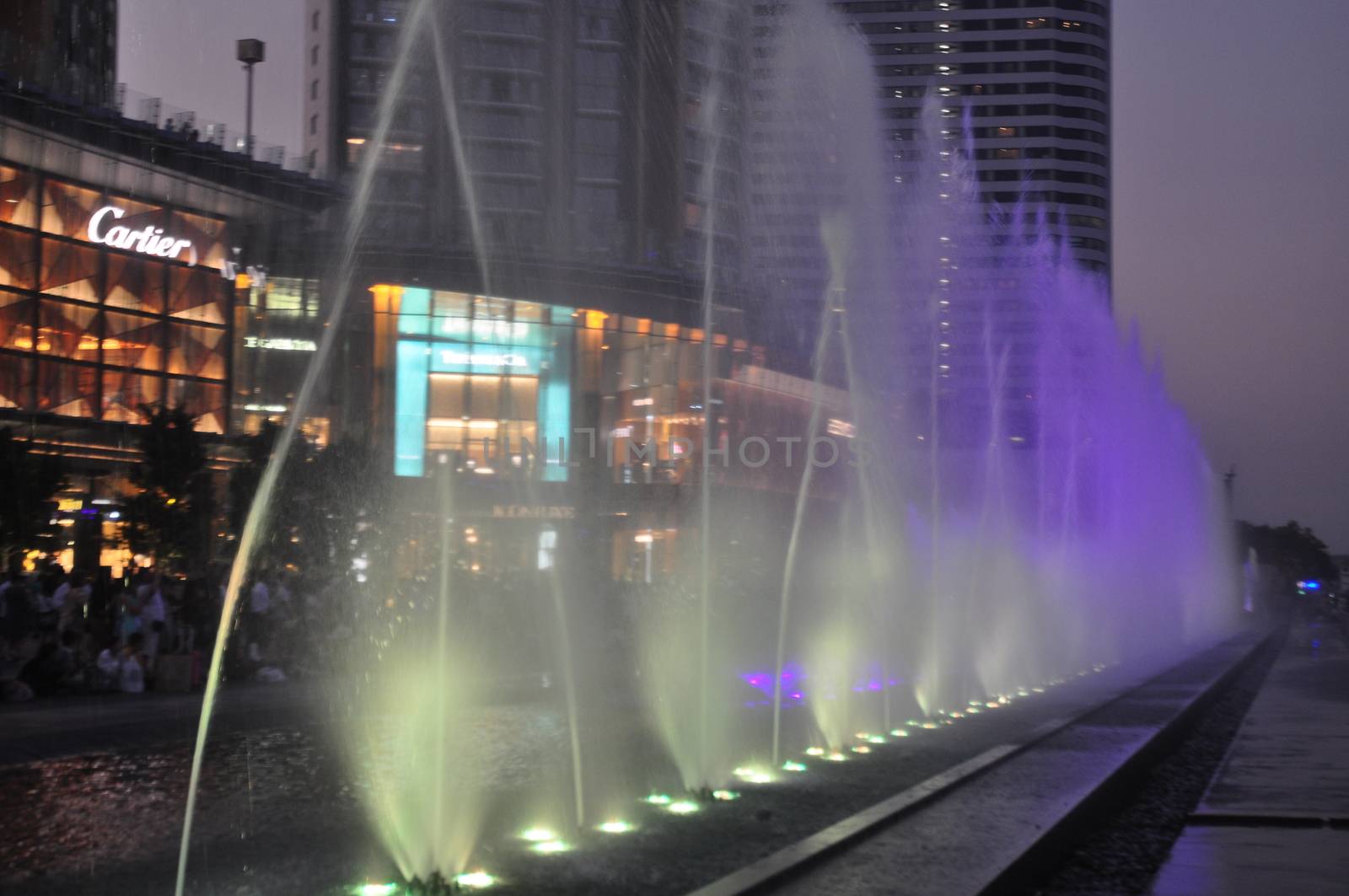 BANGKOK, THAILAND – 10  APRIL 2019: ICONIC Multimedia Water Features the Stretching over 400 metres, the longest water dance in Southeast Asia  of light, colour, sound and multimedia