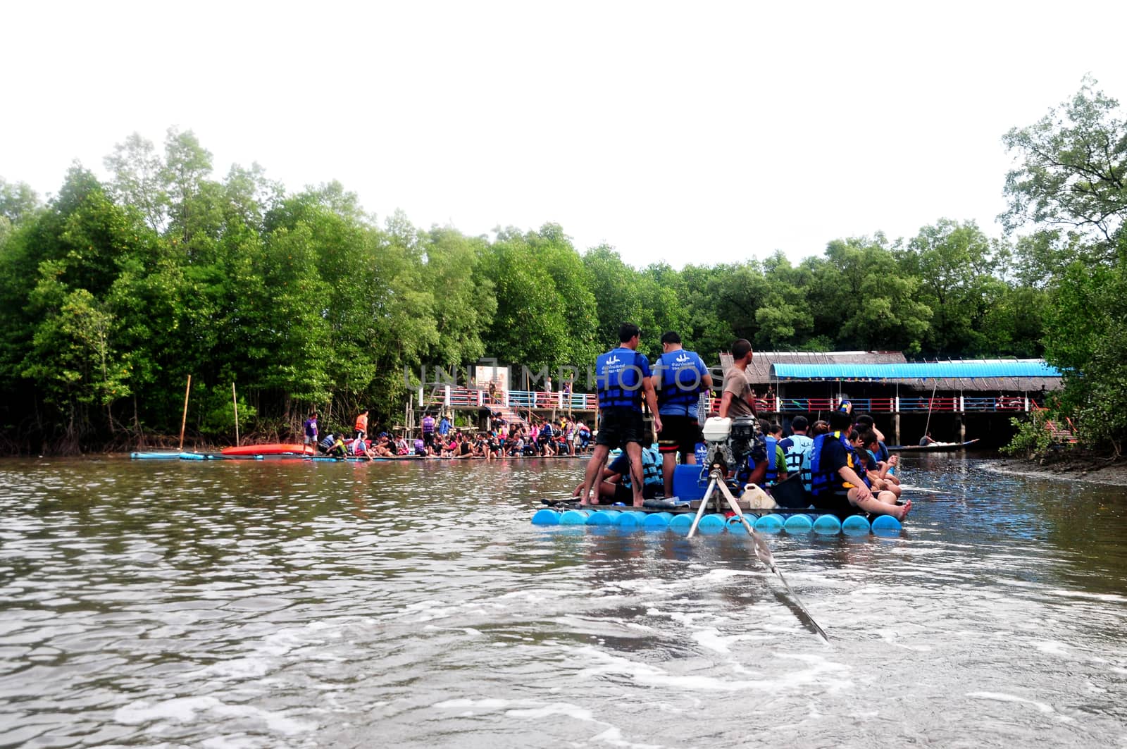 CHANTABURI, LAEM SING, THAILAND – 3 AUGUST 2019 : Bamboo (Substitute materials with tube PVC)  raft Rafting boat Flowing water,Rafting Adventure,travel adventure in the lake of Laem Sing District.