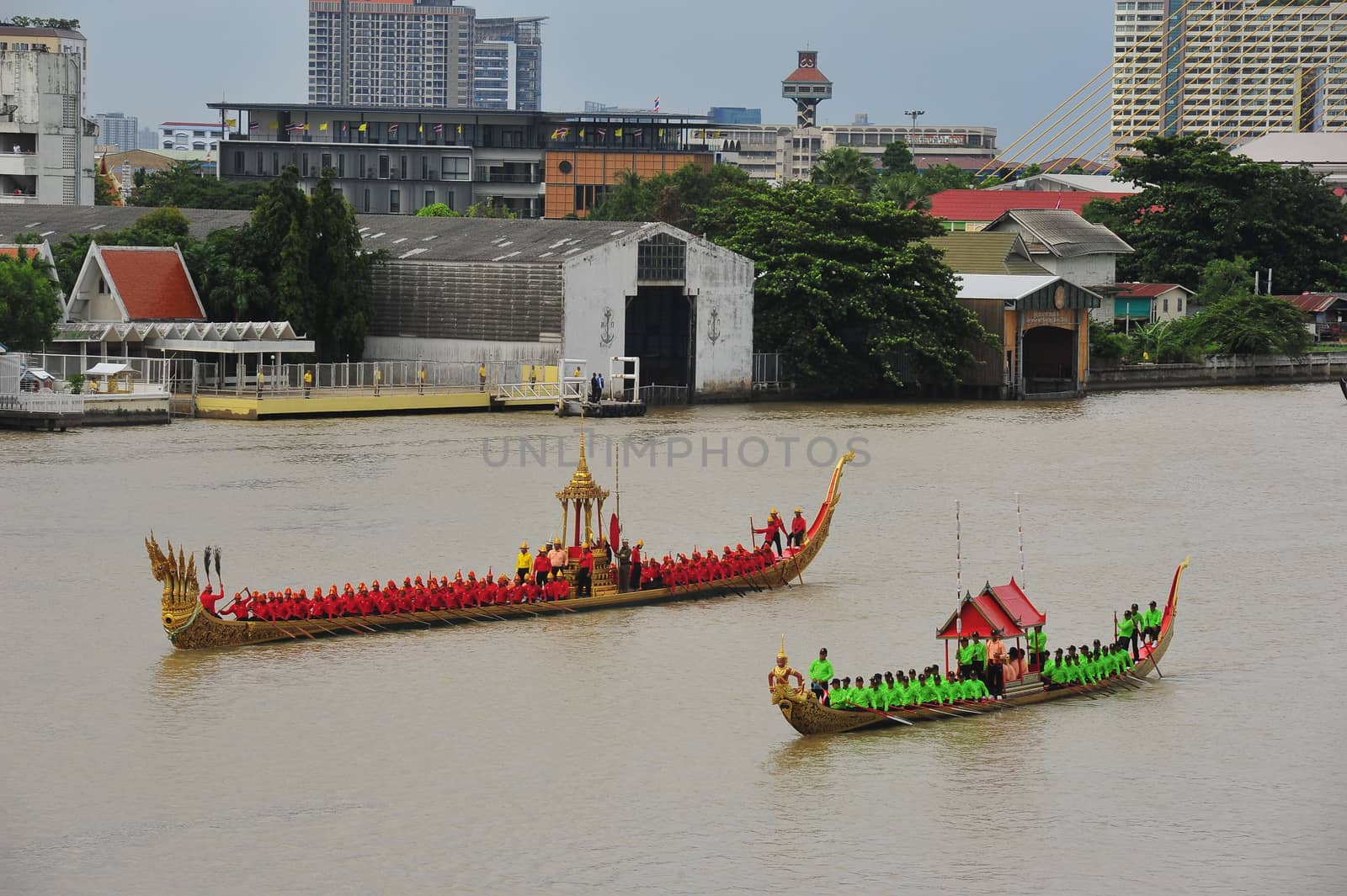 BANGKOK, THAILAND – 10  SEPTEMBER 2019 : The training of the Royal Barges Procession, the last royal ceremony of the Royal Coronation Ceremony Of King Rama X.