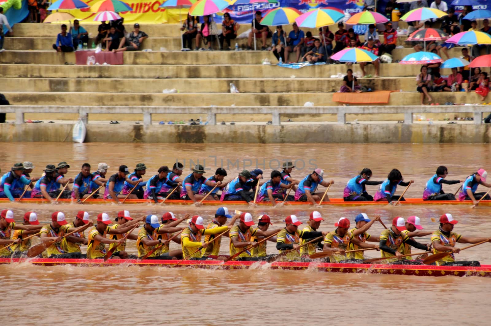 PHICHIT, THAILAND – 7  SEPTEMBER 2019 : Phichit boat racing is a traditional event of long standing. during September each year on the Nan River in front of Wat Tha Luang.