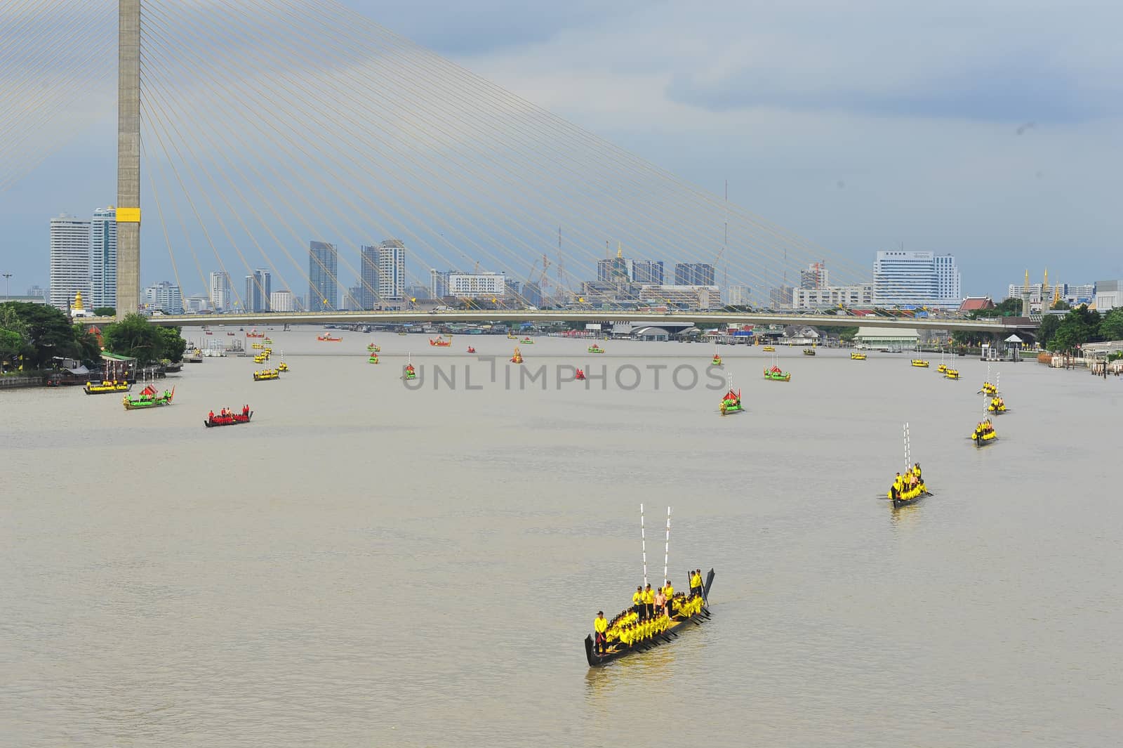 BANGKOK, THAILAND – 10  SEPTEMBER 2019 : The training of the Royal Barges Procession, the last royal ceremony of the Royal Coronation Ceremony Of King Rama X.