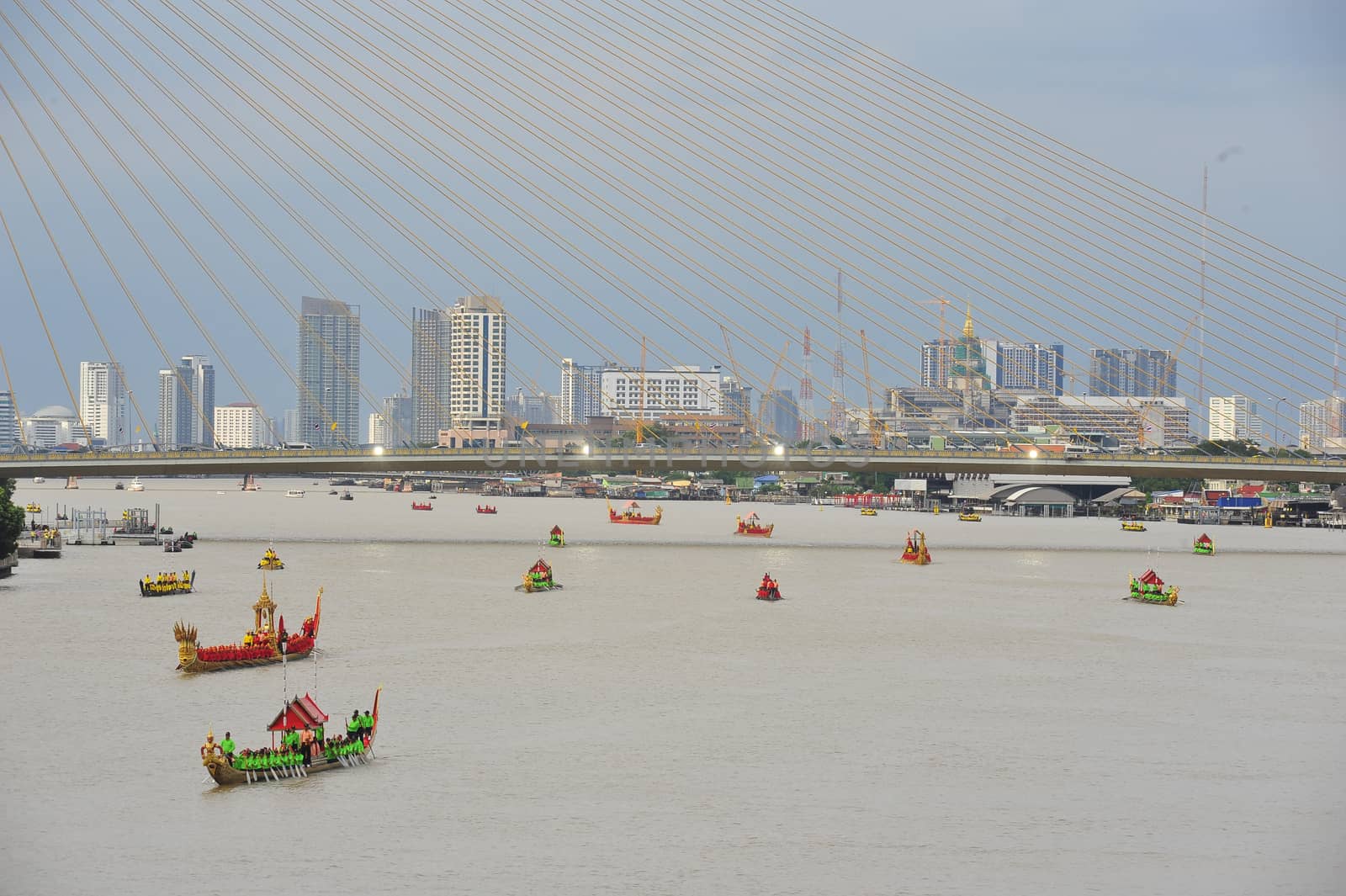 BANGKOK, THAILAND – 10  SEPTEMBER 2019 : The training of the Royal Barges Procession, the last royal ceremony of the Royal Coronation Ceremony Of King Rama X.