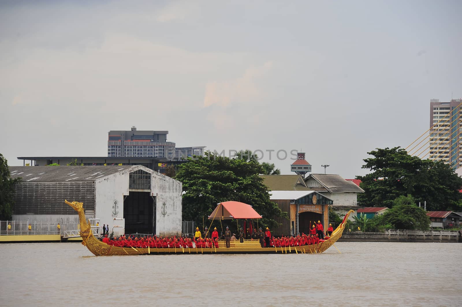 BANGKOK, THAILAND – 10  SEPTEMBER 2019 : The training of the Royal Barges Procession, the last royal ceremony of the Royal Coronation Ceremony Of King Rama X.