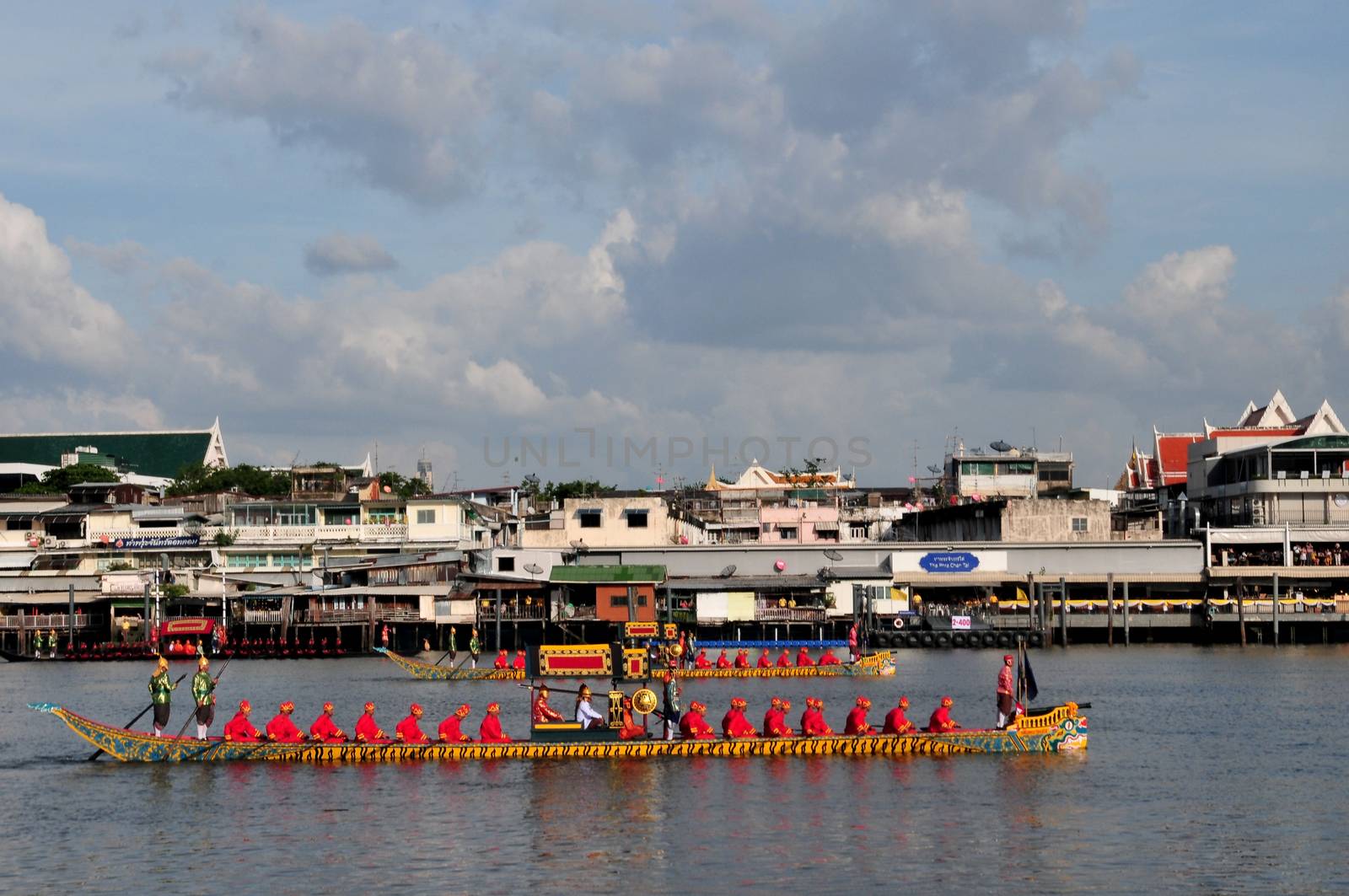 BANGKOK, THAILAND –  17 OCTOBER 2019 : Big training of the Royal Barges Procession, the last royal ceremony of the Royal Coronation Ceremony Of King Rama X. 