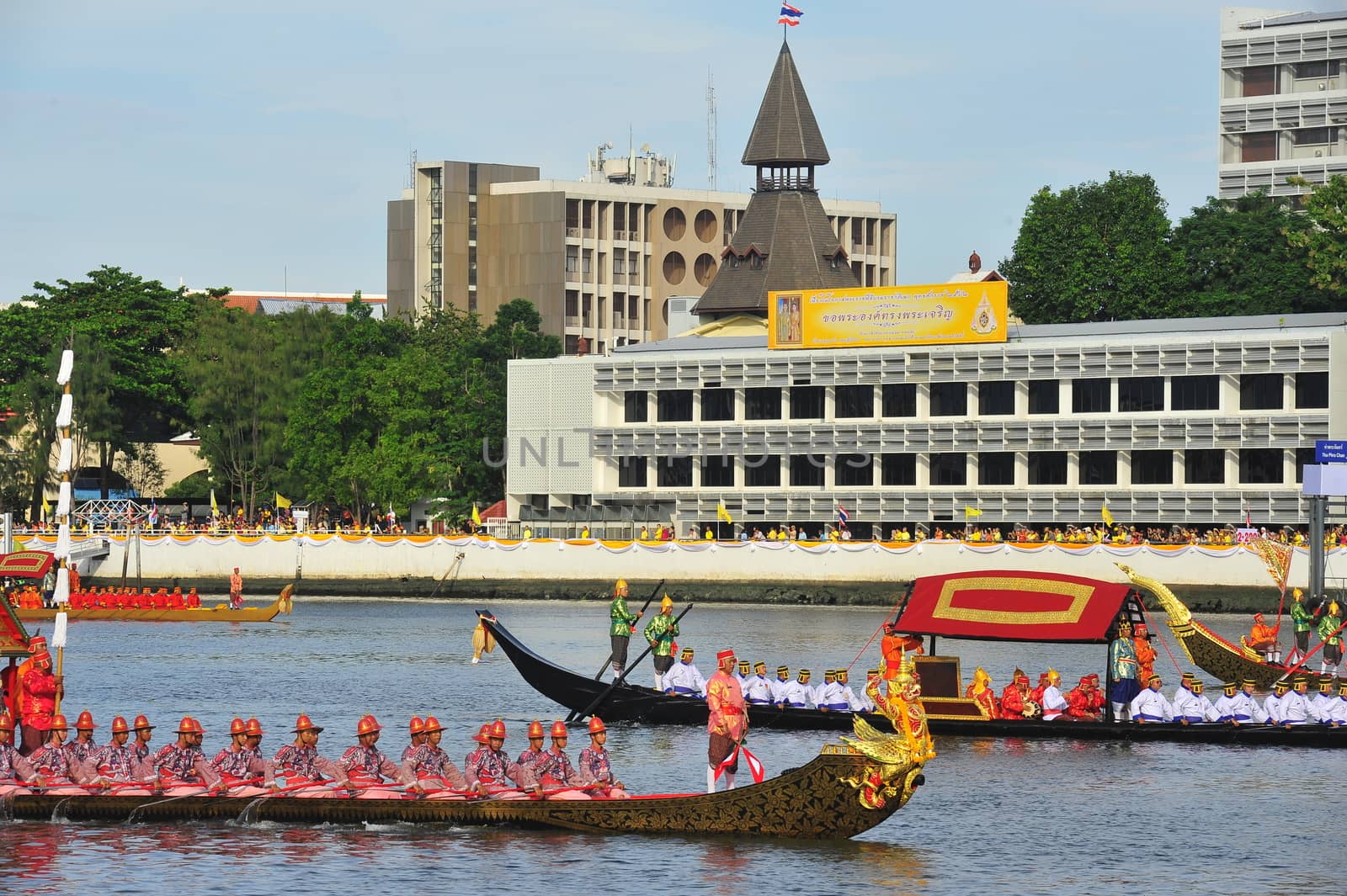 BANGKOK, THAILAND –  17 OCTOBER 2019 : Big training of the Royal Barges Procession, the last royal ceremony of the Royal Coronation Ceremony Of King Rama X(The Garuda figurehead of Rua Khrut Hoen Het)
