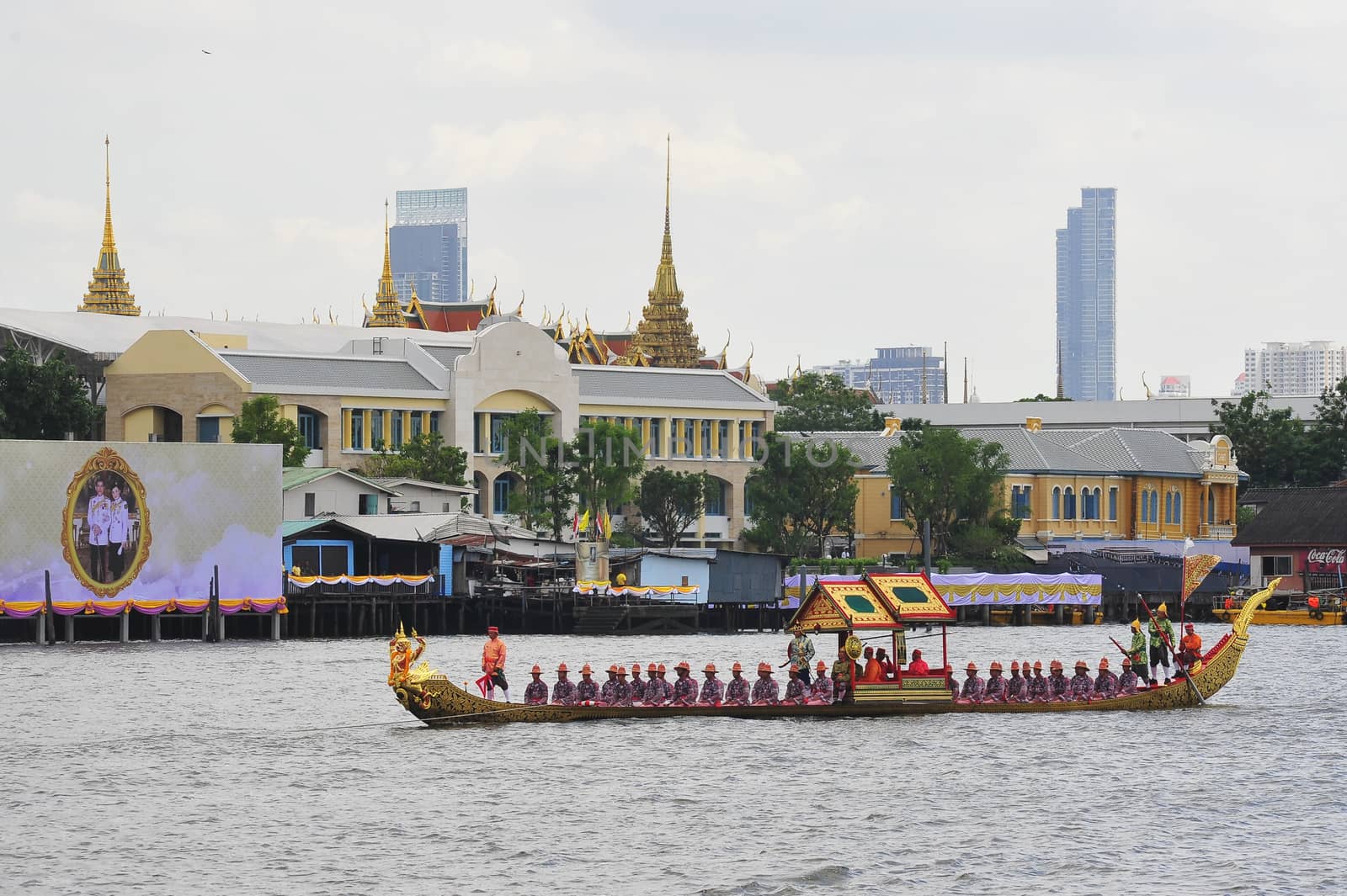 BANGKOK, THAILAND –  17 OCTOBER 2019 : Big training of the Royal Barges Procession, the last royal ceremony of the Royal Coronation Ceremony Of King Rama X(The Garuda figurehead of Rua Khrut Hoen Het)