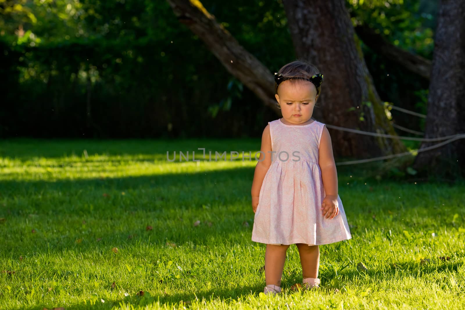 Baby girl walking on the lawn in the park.