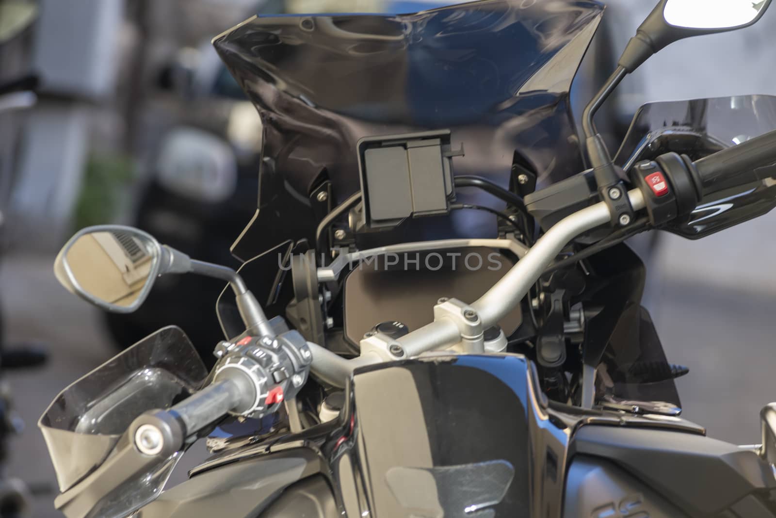 details of a parked touring motorcycle ready to travel