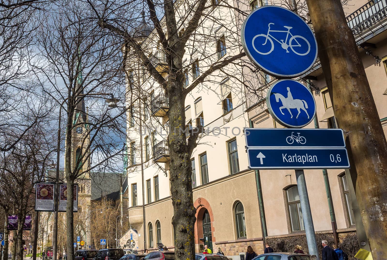 April 22, 2018, Stockholm Sweden. Blue road signs a road for cyclists and a road for riders on a street in Stockholm.