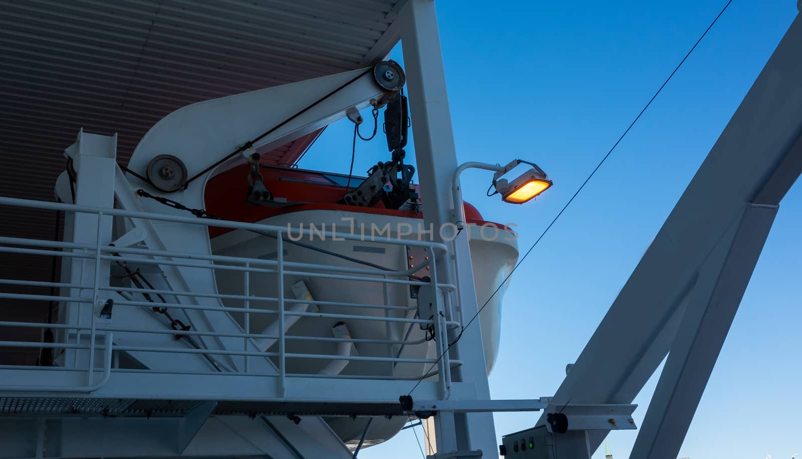 Lifeboats aboard a modern cargo and passenger ferry.