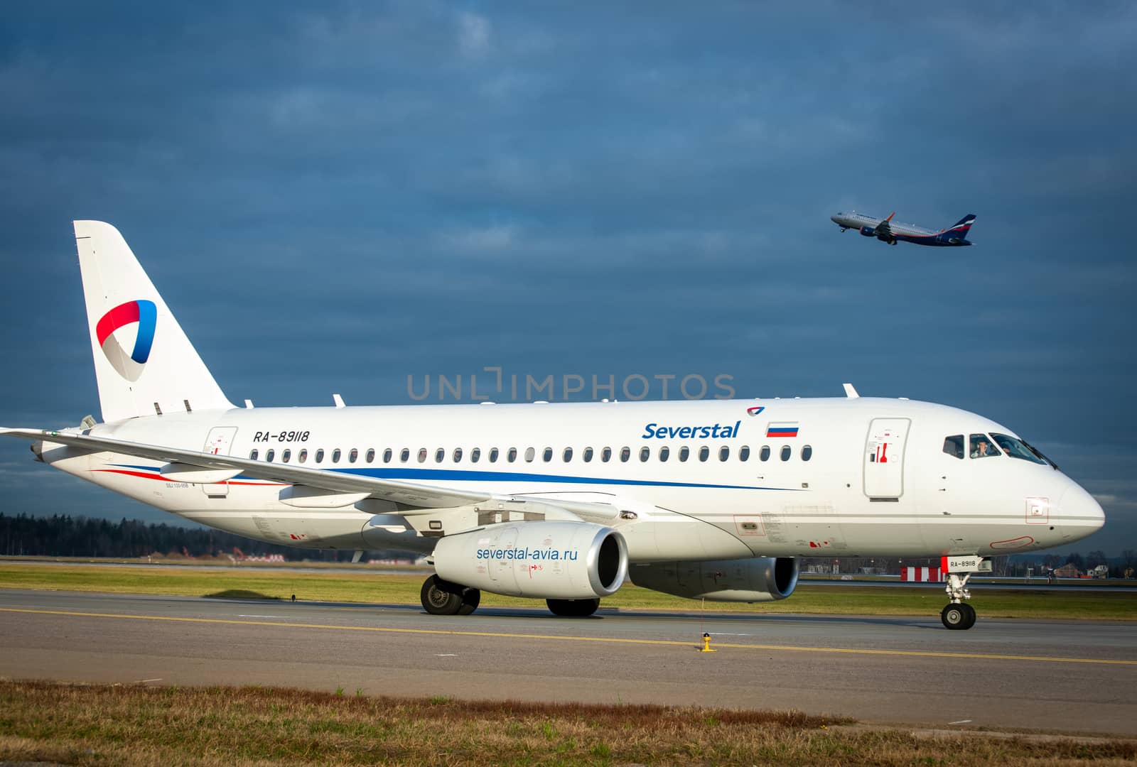 October 29, 2019, Moscow, Russia. Plane 
Sukhoi Superjet 100 Severstal Airlines at Sheremetyevo airport in Moscow.