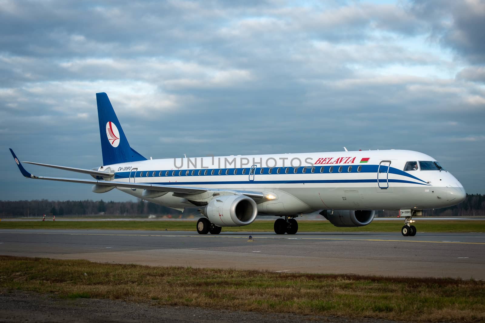 October 29, 2019, Moscow, Russia. Plane 
Embraer ERJ-195 Belavia Airlines at Sheremetyevo airport in Moscow.