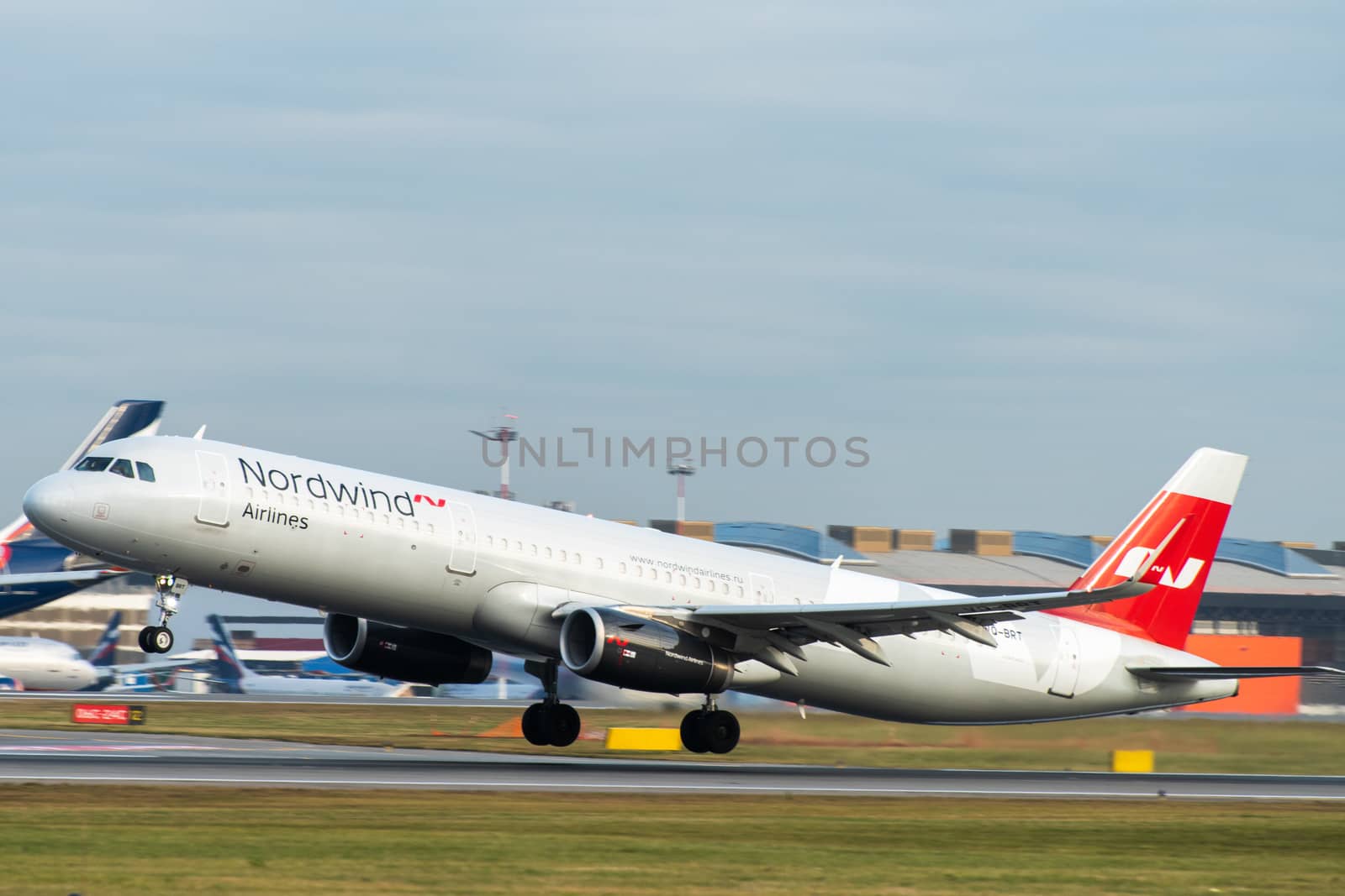 October 29, 2019, Moscow, Russia. Plane 
Airbus A321-200 Nordwind Airlines at Sheremetyevo airport in Moscow.