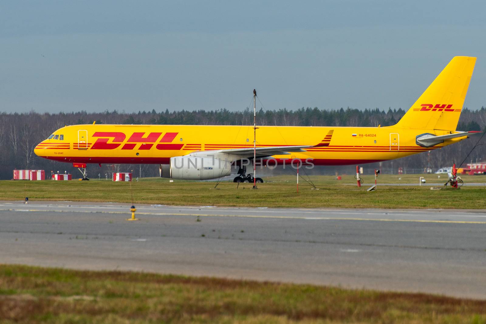 October 29, 2019, Moscow, Russia. Plane 
Tupolev Tu-204 Aviastar Airlines in livery DHL at Sheremetyevo airport in Moscow.