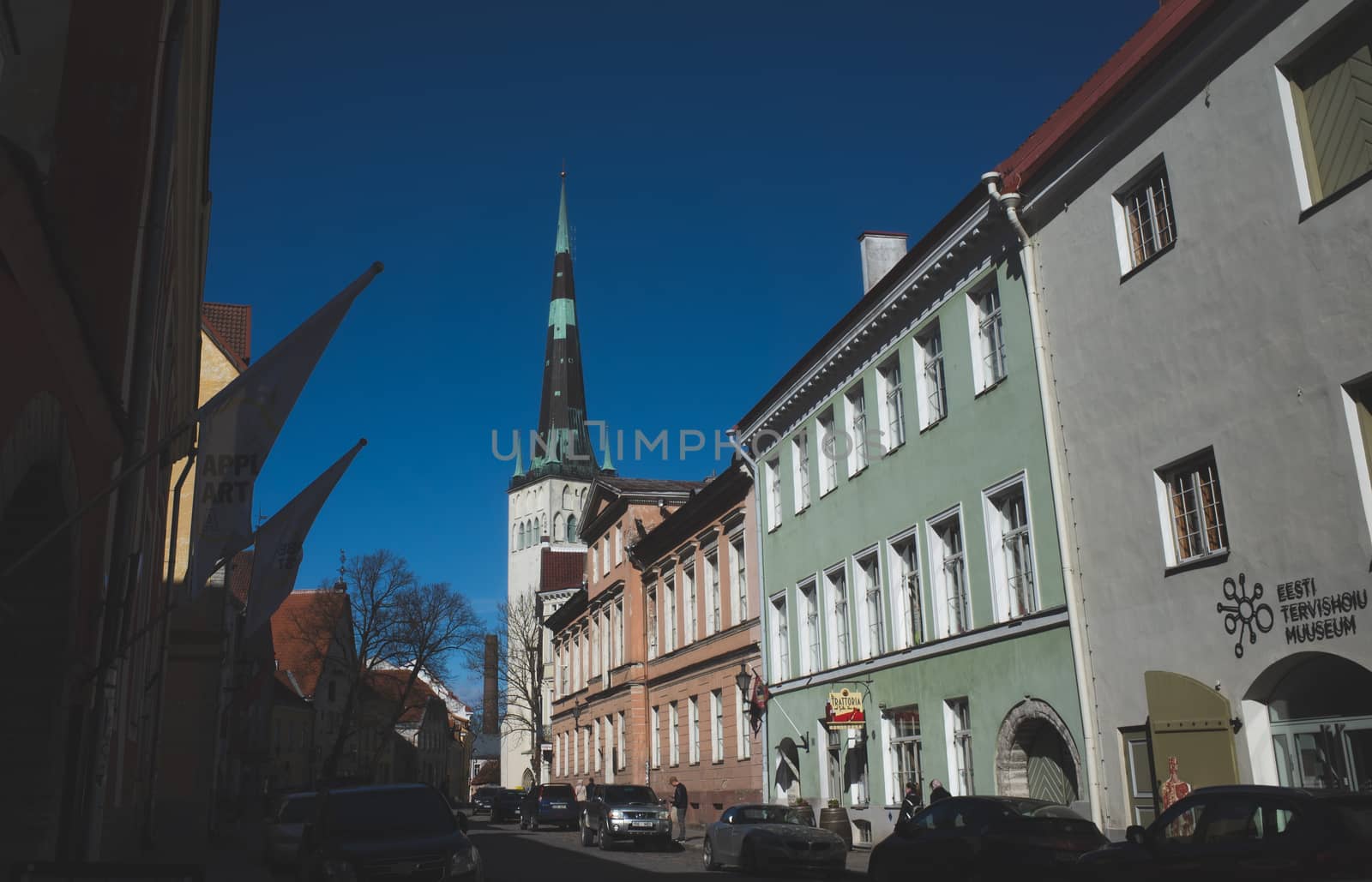 April 21, 2018, Tallinn, Estonia. St. Olaf's Church and Street of the old town in Tallinn.