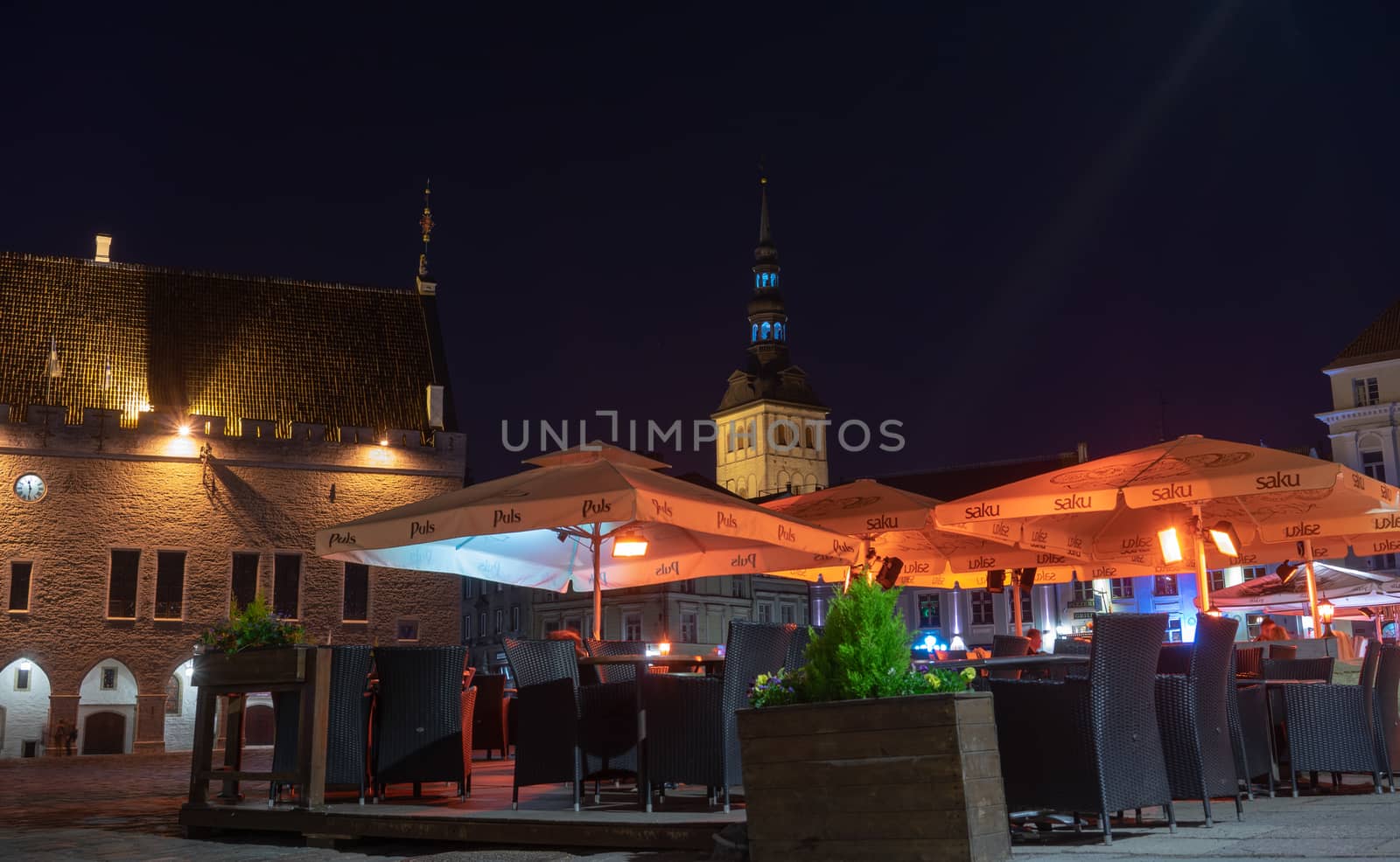 April 20, 2018 Tallinn, Estonia, Street cafes in the Central square of the Old city.