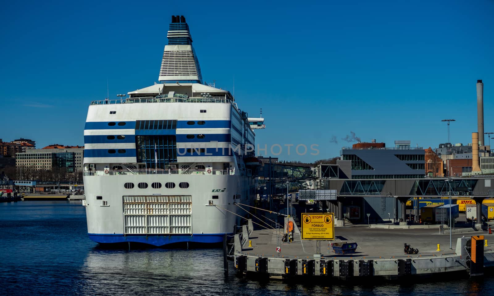 22 April 2019, Stockholm, Sweden. High-speed passenger and car ferry of the Estonian shipping concern Tallink Silja Europa in the port Vartahamnen in Stockholm.