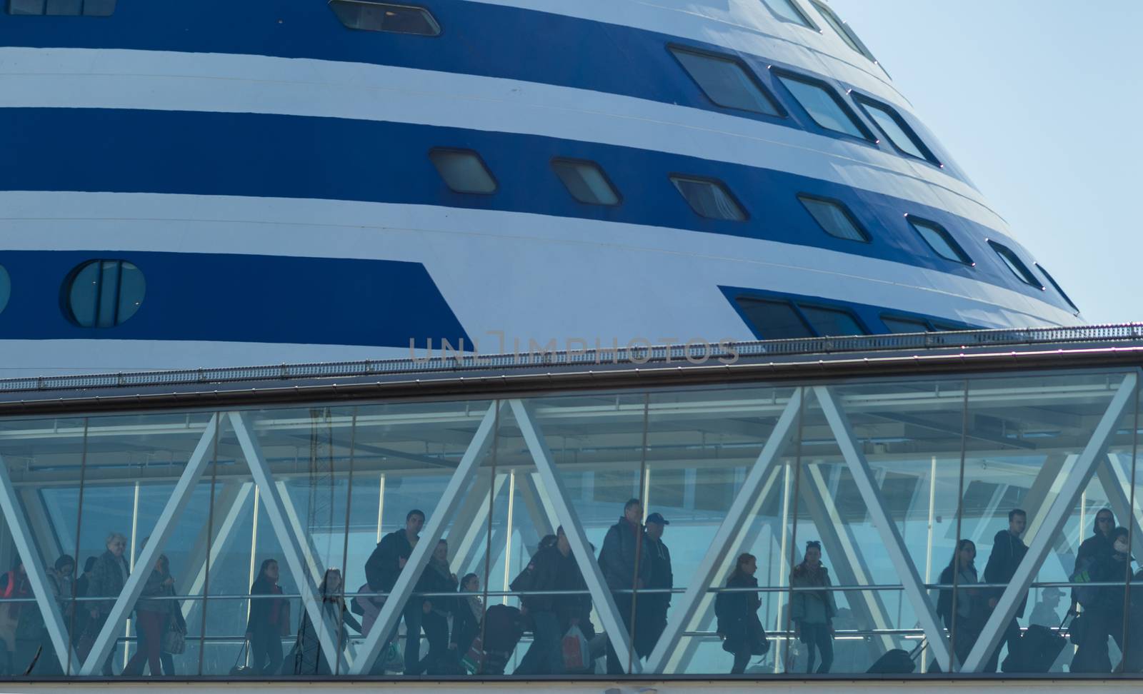 22 April 2019, Stockholm, Sweden. Passengers leave the ferry at the port terminal Vartahamnen in Stockholm.