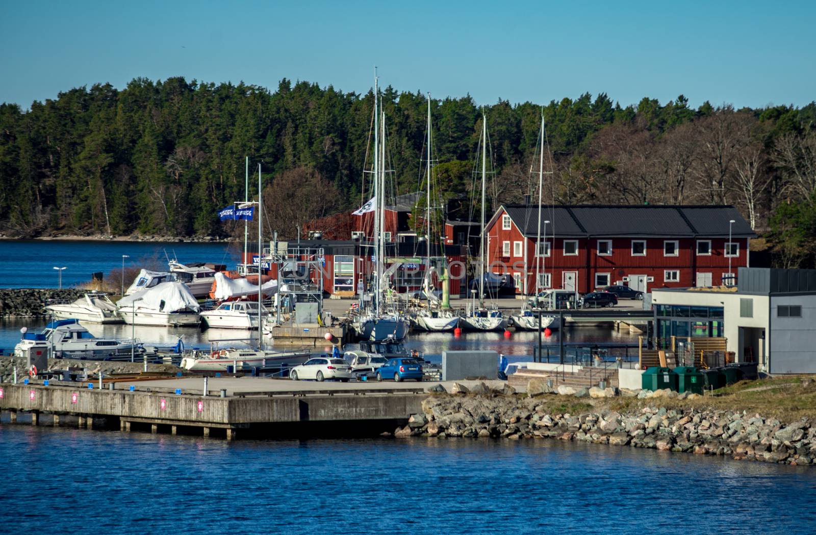 April 22, 2018, Stockholm Sweden. Marina for yachts on dwellings island of the Stockholm archipelago in the Baltic Sea in the early morning.