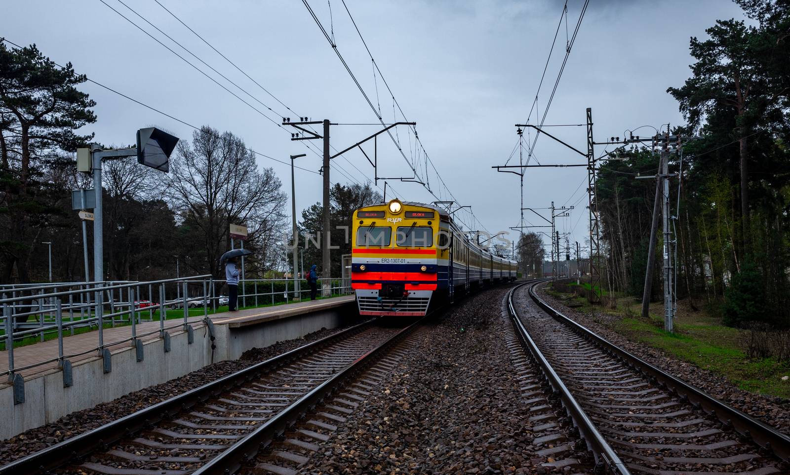 April 25, 2018 Jurmala, Latvia. Suburban train at the railway station in Jurmala.