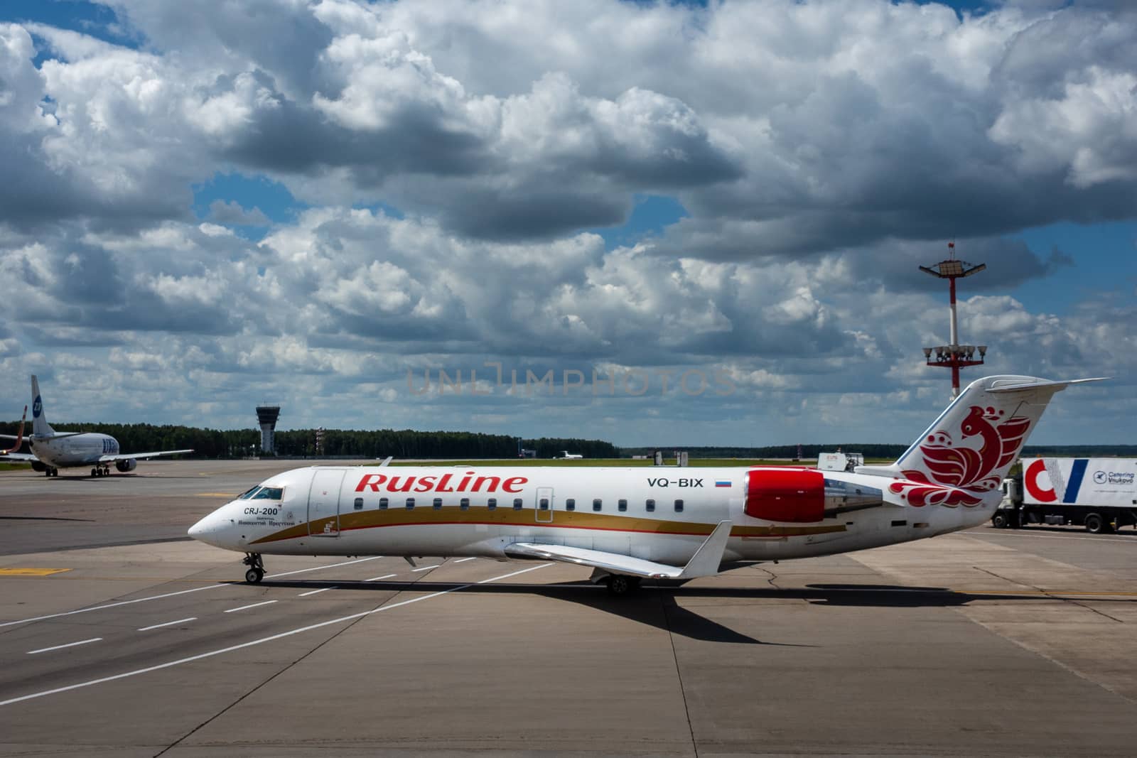 July 2, 2019, Moscow, Russia. Airplane Bombardier CRJ-200 Rusline at Vnukovo airport in Moscow.