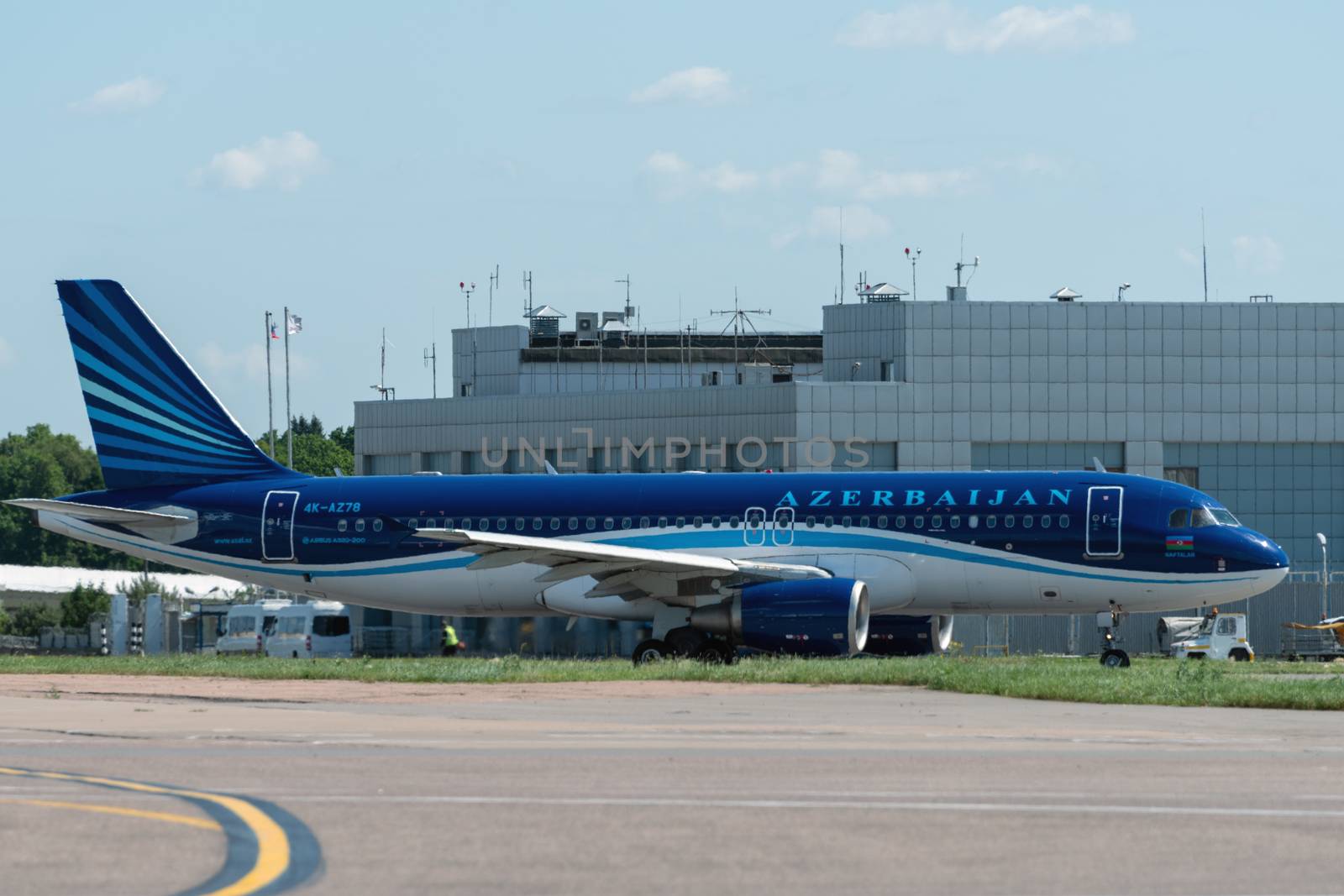 July 2, 2019, Moscow, Russia. Airplane Airbus A320-200 AZAL Azerbaijan Airlines at Vnukovo airport in Moscow.