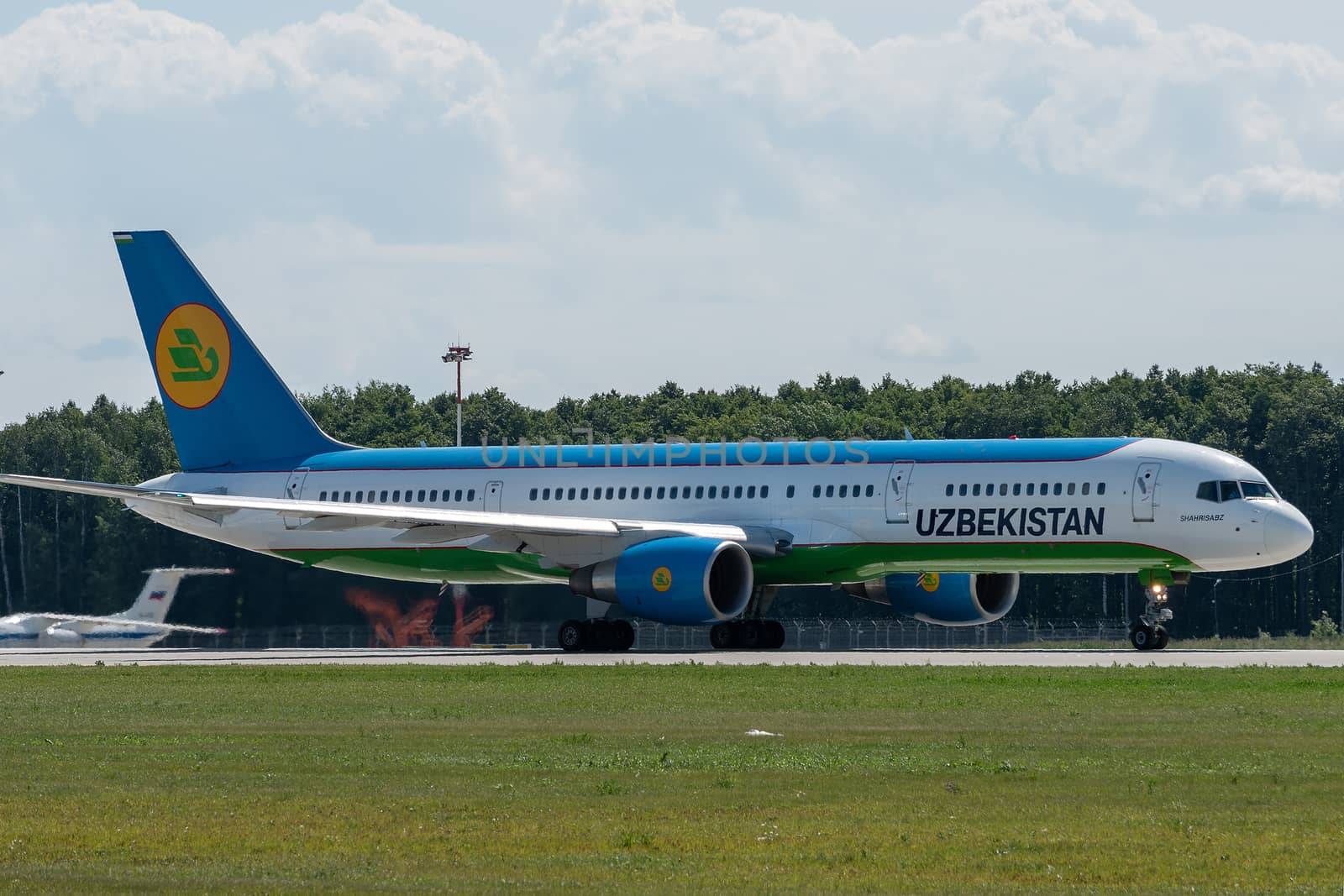 July 2, 2019, Moscow, Russia. Airplane Boeing Boeing 757-200 Uzbekistan Airways at Vnukovo airport in Moscow