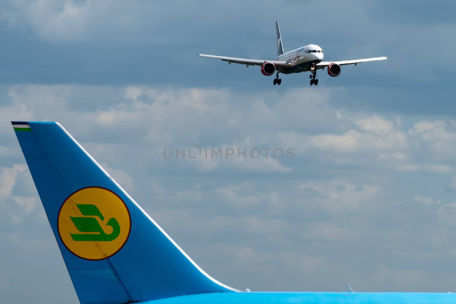 July 2, 2019, Moscow, Russia. Airplane Uzbekistan Airways at Vnukovo airport in Moscow.