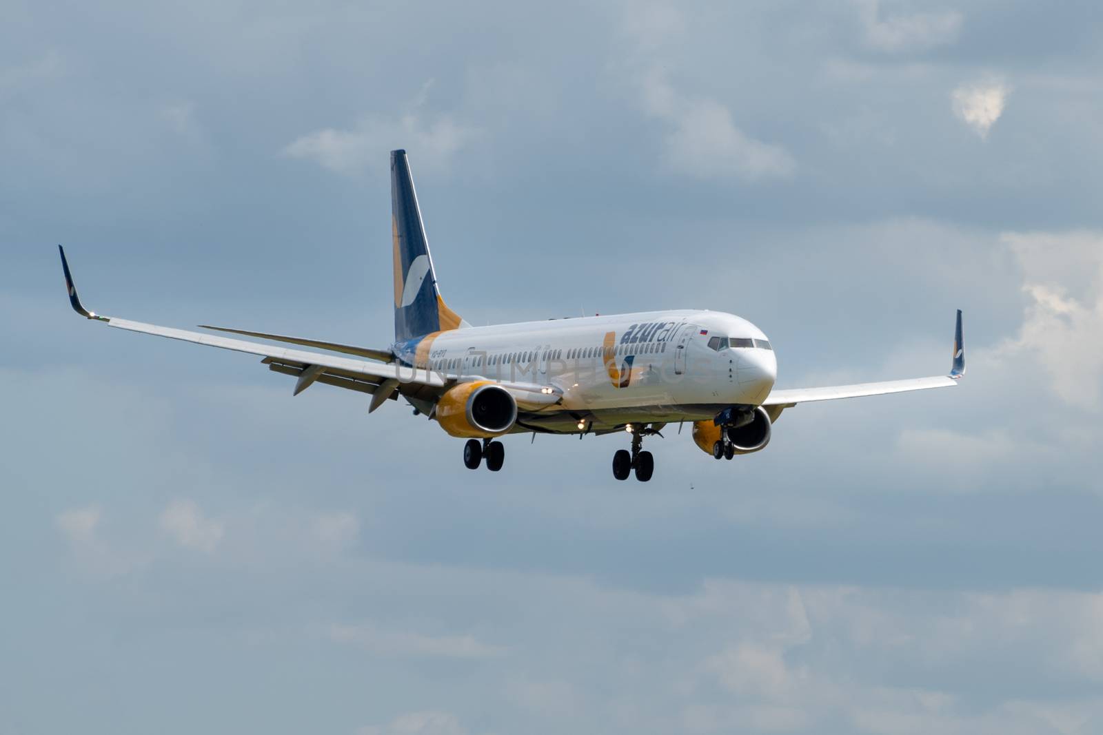 July 2, 2019, Moscow, Russia. Airplane Boeing 737-900ER Azur Air airline at Vnukovo airport in Moscow.