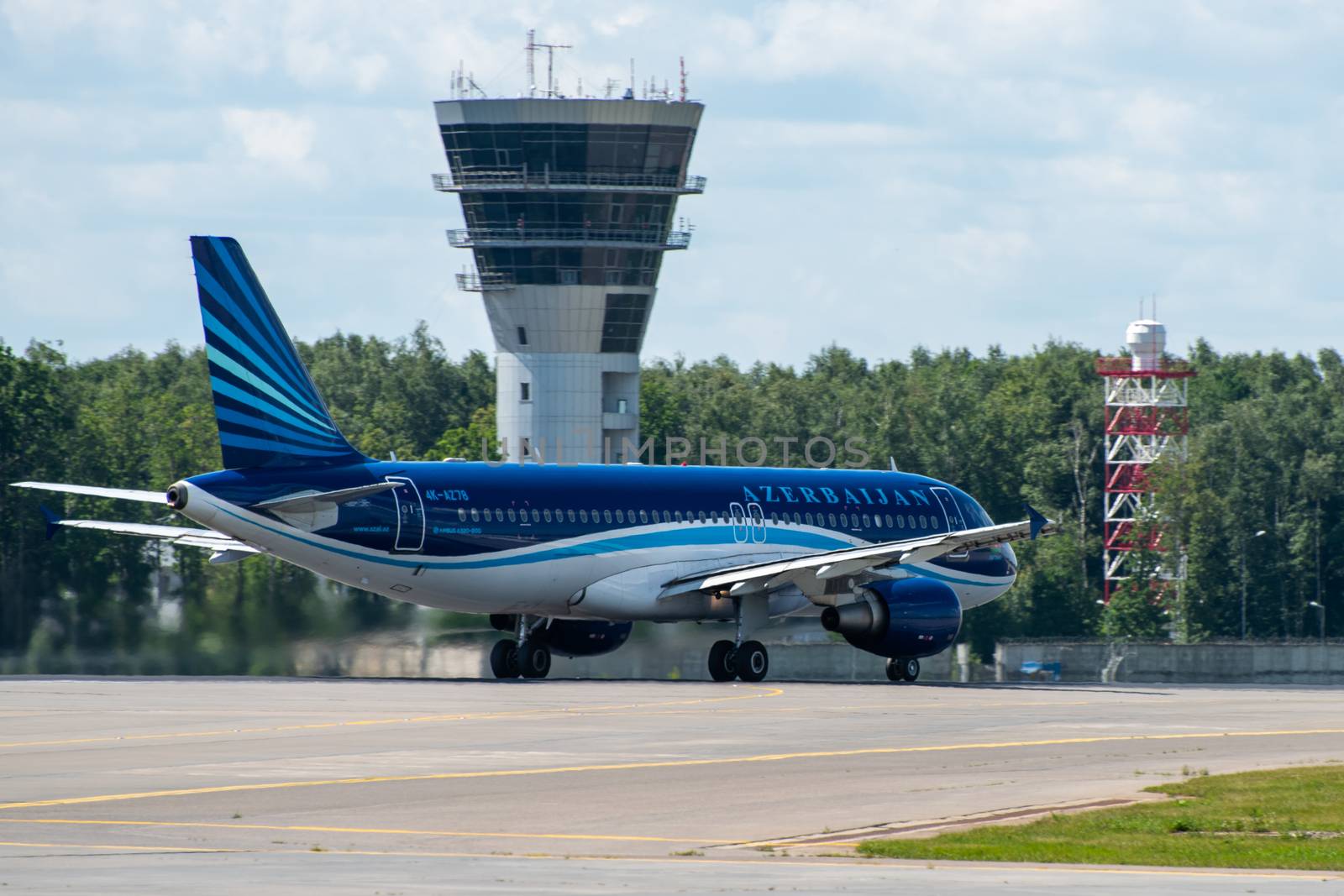 July 2, 2019, Moscow, Russia. Airplane Airbus A320-200 AZAL Azerbaijan Airlines at Vnukovo airport in Moscow.