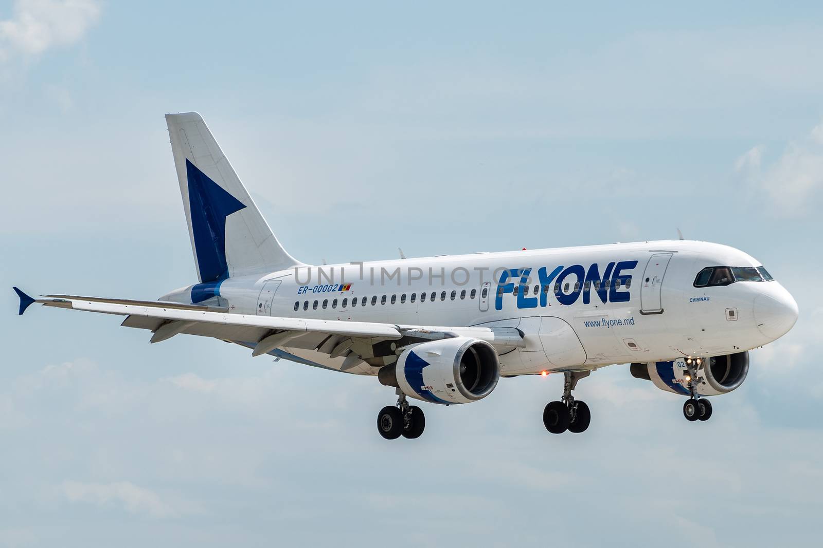 July 2, 2019, Moscow, Russia. Airplane Airbus A319-100 Fly One Airlines at Vnukovo airport in Moscow.